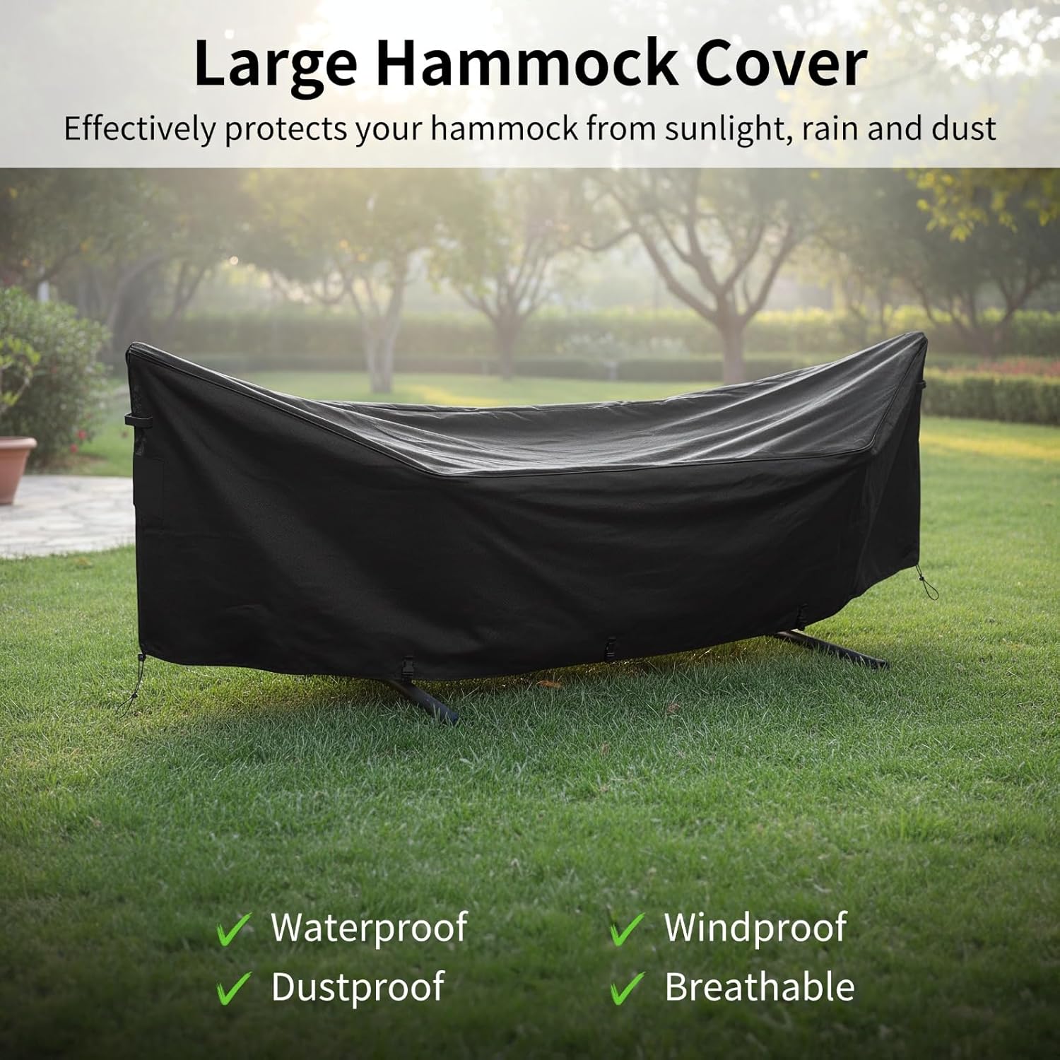 Large Hammock Cover, 149.6 x 6.7 x 31.5 in, Long-Lasting Polyester Fabric, Windproof, Waterproof, Dustproof, with Storage Bag, Easy to Clean, Adjustable Buckles, Black