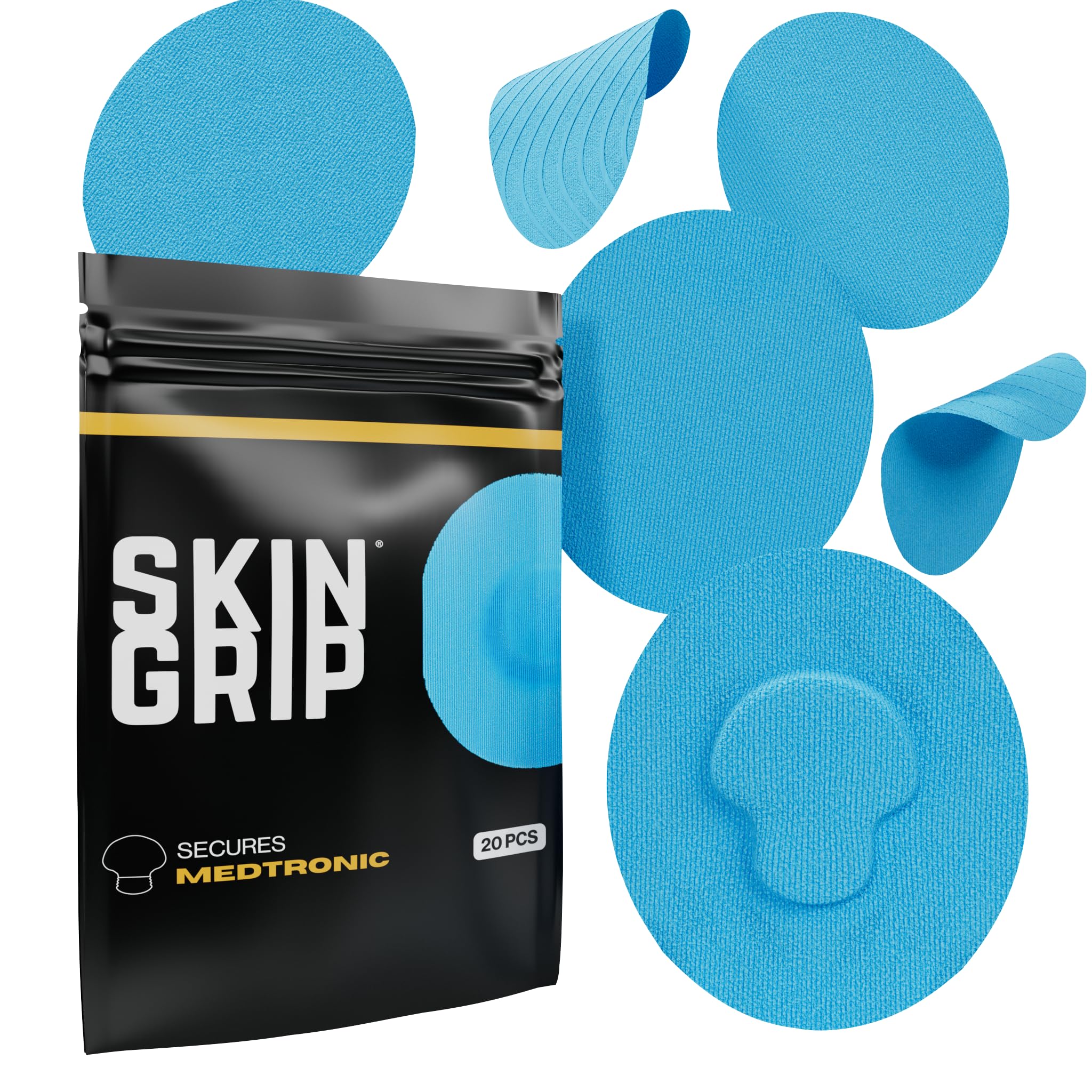 Skin Grip CGM Sensor Patches Compatible with Medtronic Guardian (20-Pack), Waterproof & Sweatproof for 10-14 Days, Pre-Cut Adhesive Tape, Continuous Glucose Monitor Patch, Blue