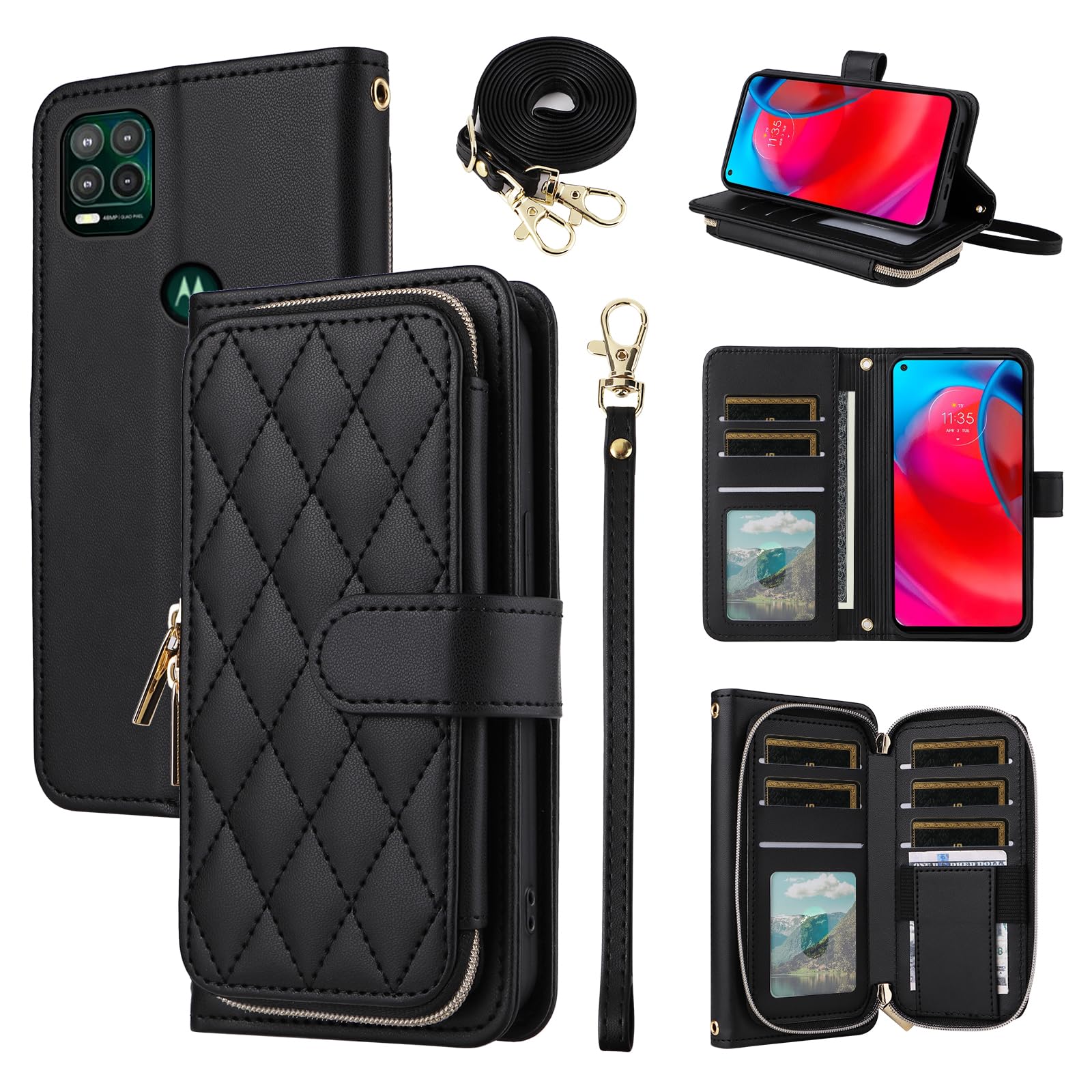 Furiet Argyle Wallet Case for Moto G Stylus 5G 2021 with Wrist Strap Shoulder Strap, 9+ Card Slots Zipper Purse, Luxury PU Leather Stand Phone Cover