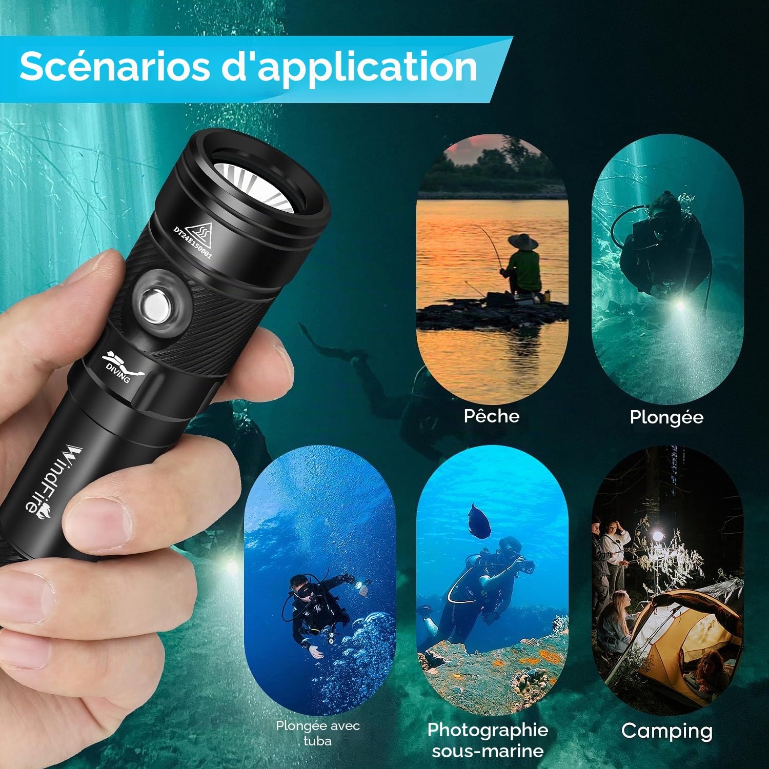 WINDFIRE Lampe de plongée, 5000 Lumens Torche de Plongée, Lampe Plongee sous-Marine Rechargeable, Étanche IPX8, 4 modes, Lampe de Poche avec Indicateur de Puissance pour la plongée de nuit