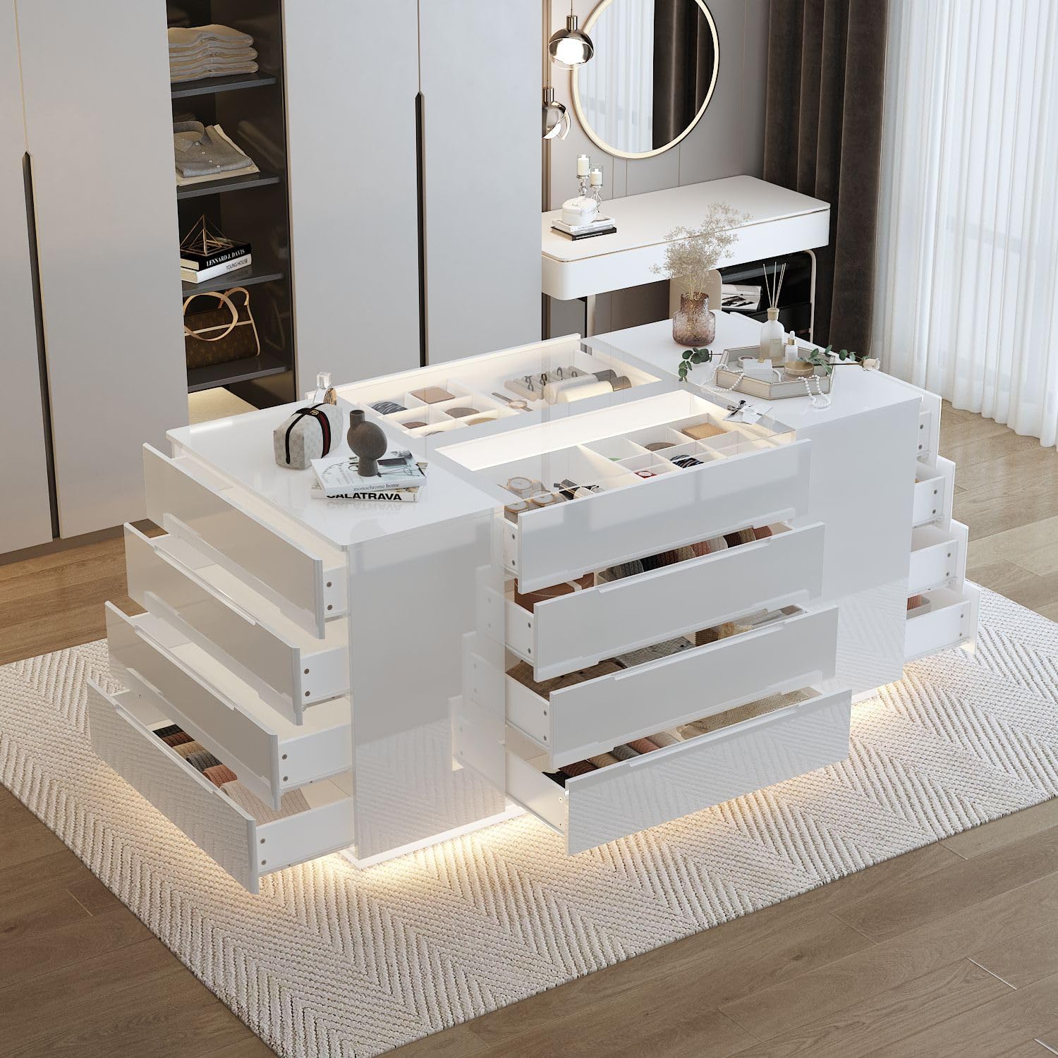TAMUNE Armoire Bedroom Island Wardrobe Closet Island with 16 Drawers & Glass Tabletop, Island Dresser with Jewelry Organizer, Closet Island for Cloakroom White (63”W x 31.5”D x 31.5”H) : Home &