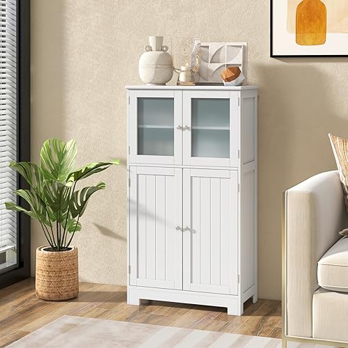 Miniatura 2 de Giantex Armario de almacenamiento con puertas Armario de piso de baño, armario alto independiente con 2 puertas de vidrio templado, estante