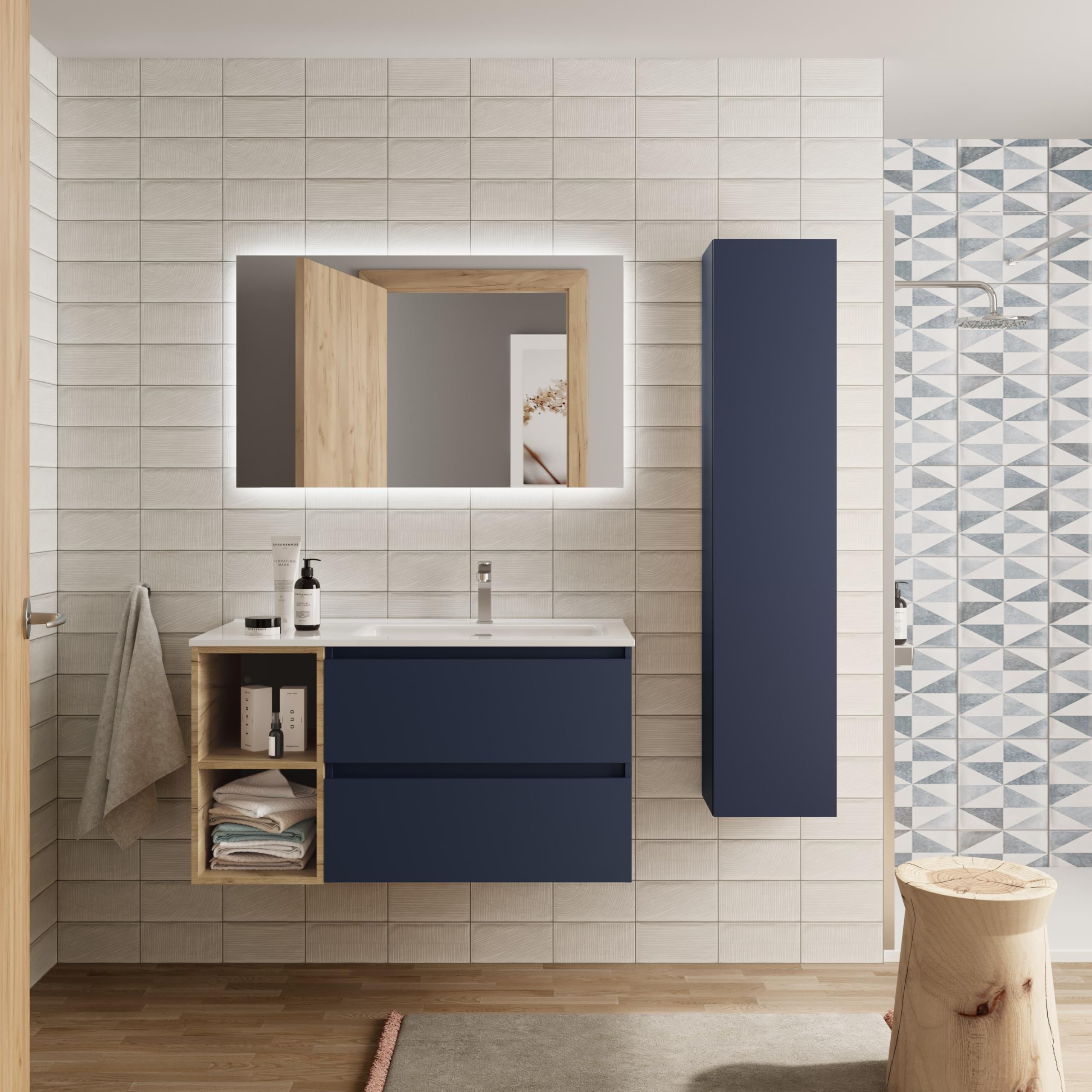 Salgar Mueble de Baño Bequia 100cm + Coqueta 2 Huecos Izquierda + Lavabo cerámica | Azul Mate/Roble |100x45x56