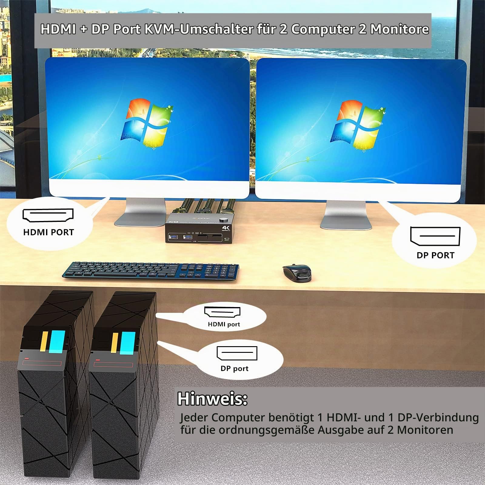 KVM Switch 2 Computer 2 Monitore HDMI DisplayPort, Displayport Zwei Monitore KVM Umschalter für zwei Monitore, Unterstützt 4K@60Hz für 2 Computer, die Tastatur, Maus und Monitor teilen