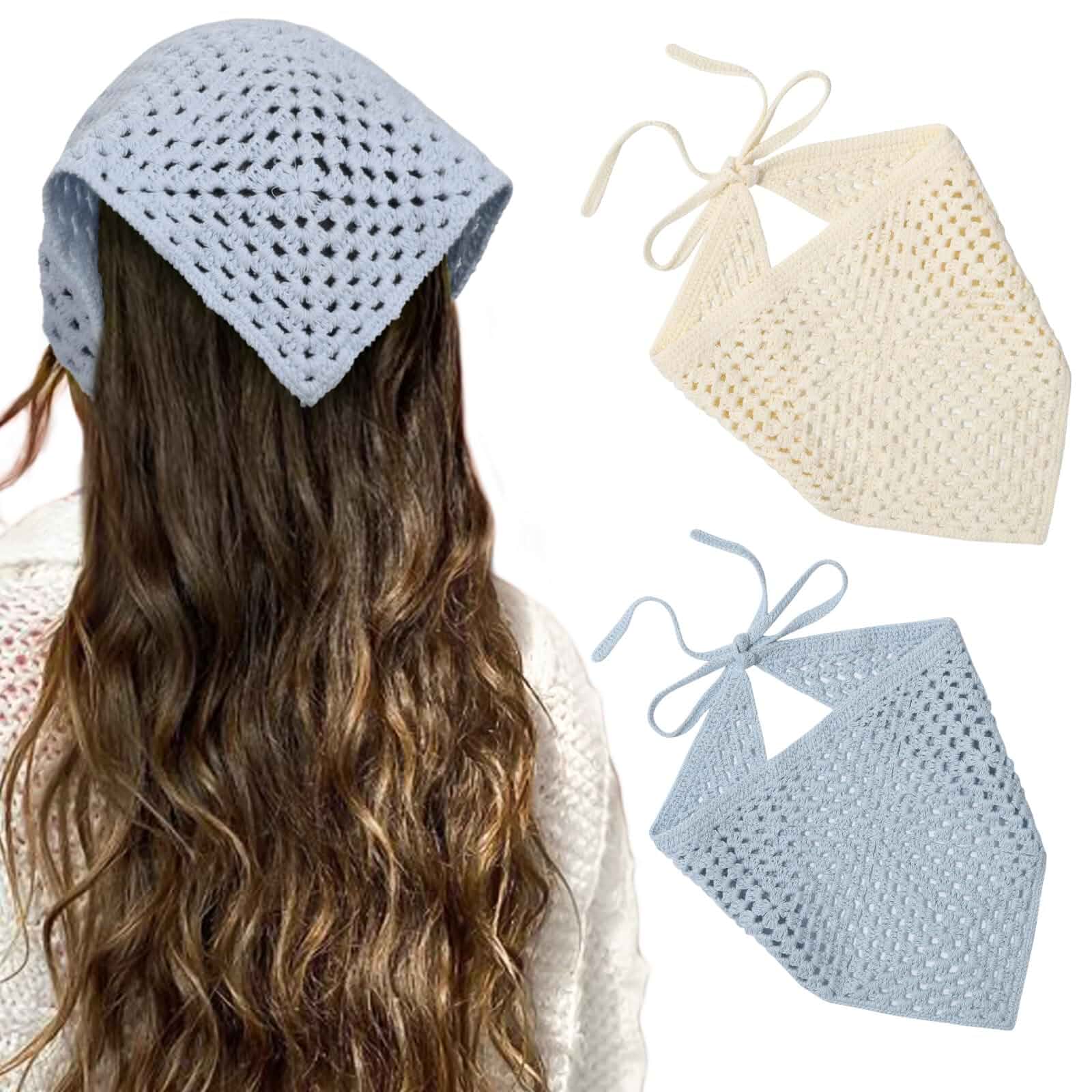 HAIMEIKANG 2 Pcs Crochet Hair Bandanas Headscarf for Women Boho Hair Scarf Kint Bandana Headband Scarf ,Vintage Head Kerchief for Girls，Hair Bandana for Beach Vacations, Music Festivals