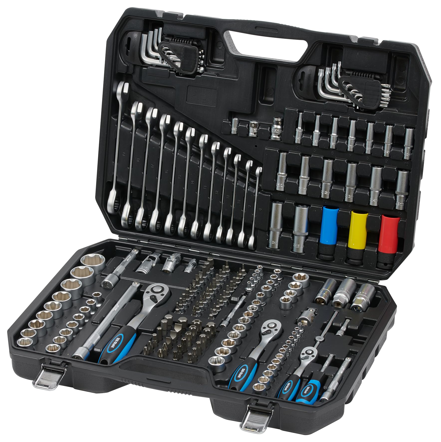 SW-Stahl Jeu de Clés à Douilles, Cliquet et Coffret d'Outils, 176 Pièces | Outils en acier chrome-vanadium pour carrés d'entraînement 1/4", 3/8" et 1/2", idéal pour l'entretien de votre véhicule