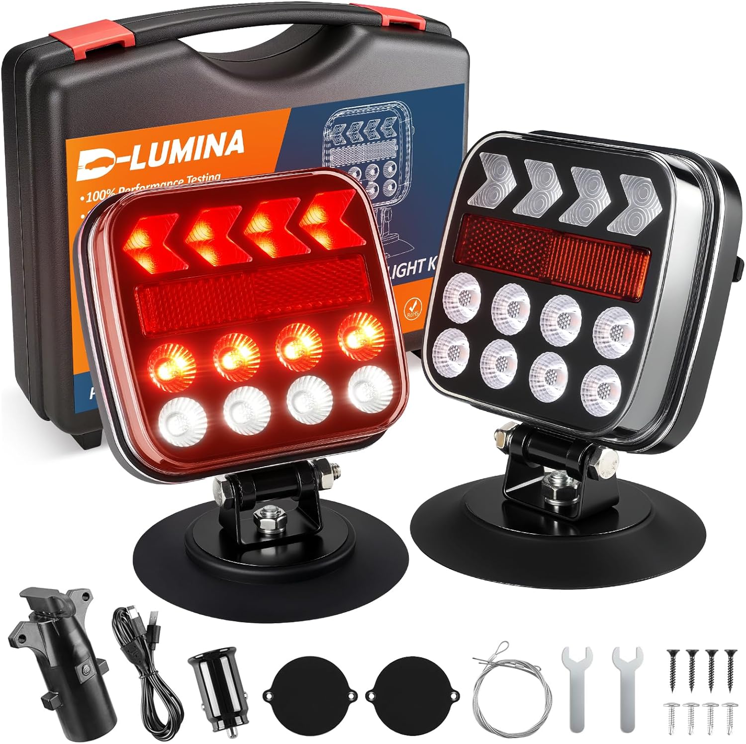 D-Lumina Magnetic Wireless Trailer Lights, Rechargeable LED Trailer Light for Towing Truck, Waterproof Towing Tail Lights Kit for RV Camper Boat Caravan, Portable Stop Turn Signal Brake Reverse Stop