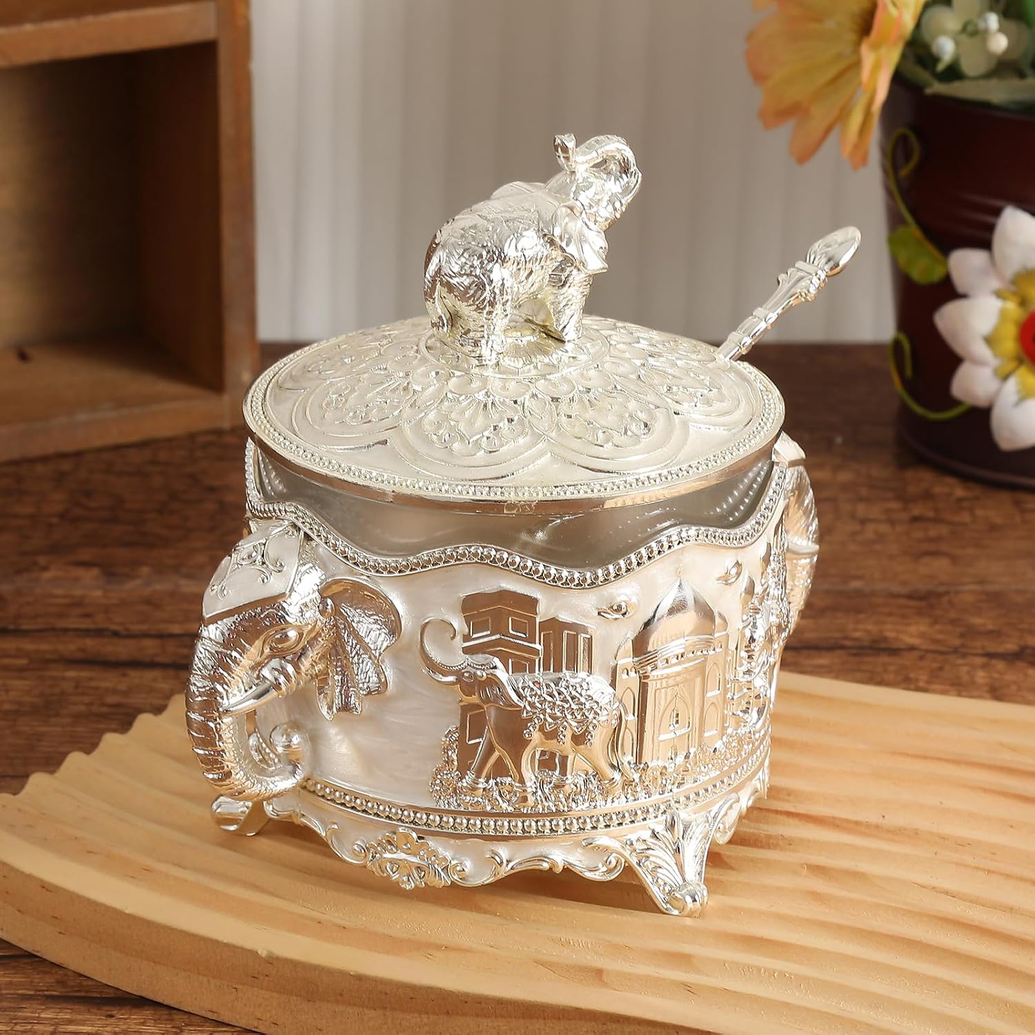 Modern Elephant Sugars Container with Glass Body and Zincs Alloy Lid Seasoning Jar with Serving Spoon Elephant Sugarbowl