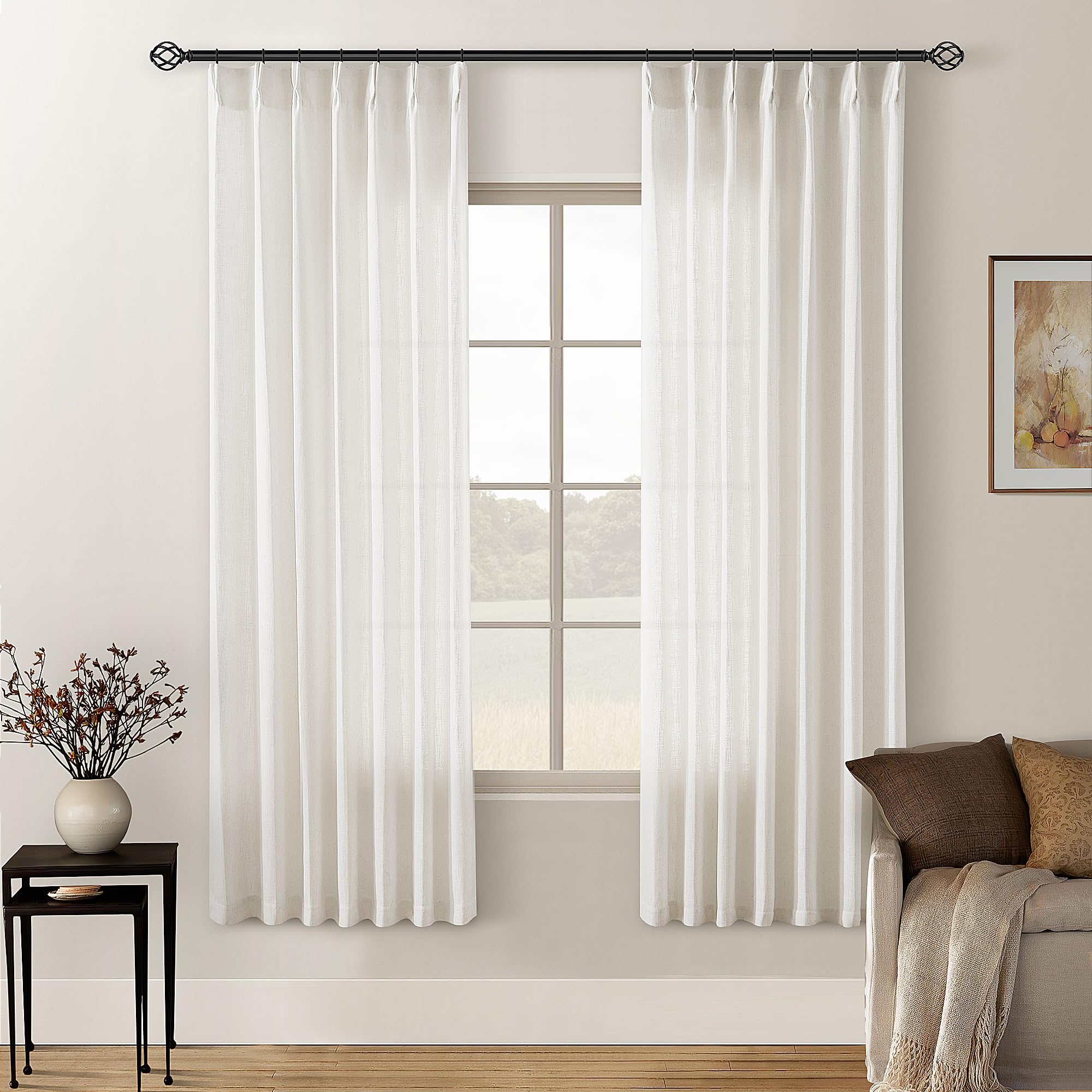 Natural 72 Inch Pinch Pleated Linen Semi Sheer Curtains 2 Panels W40xL72