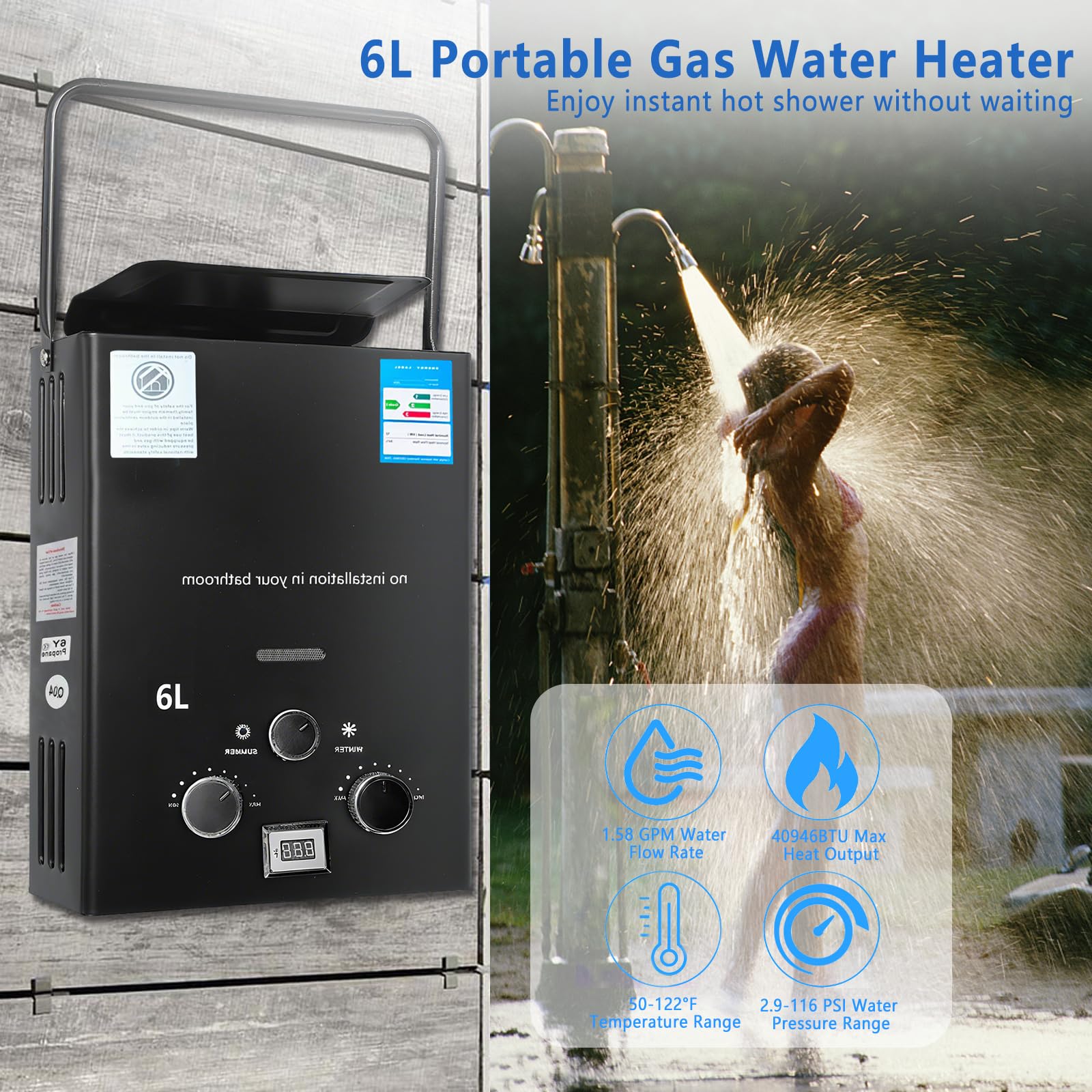 Gas Durchlauferhitzer, 16KW LPG Propangas Durchlauferhitzer, 6L Tragbarkeit Gasdurchlauferhitzer, Heißwasserbereiter Boiler Tankless Instant Boiler, für Camping, Caravaning und Haushalt (mit Henkel)
