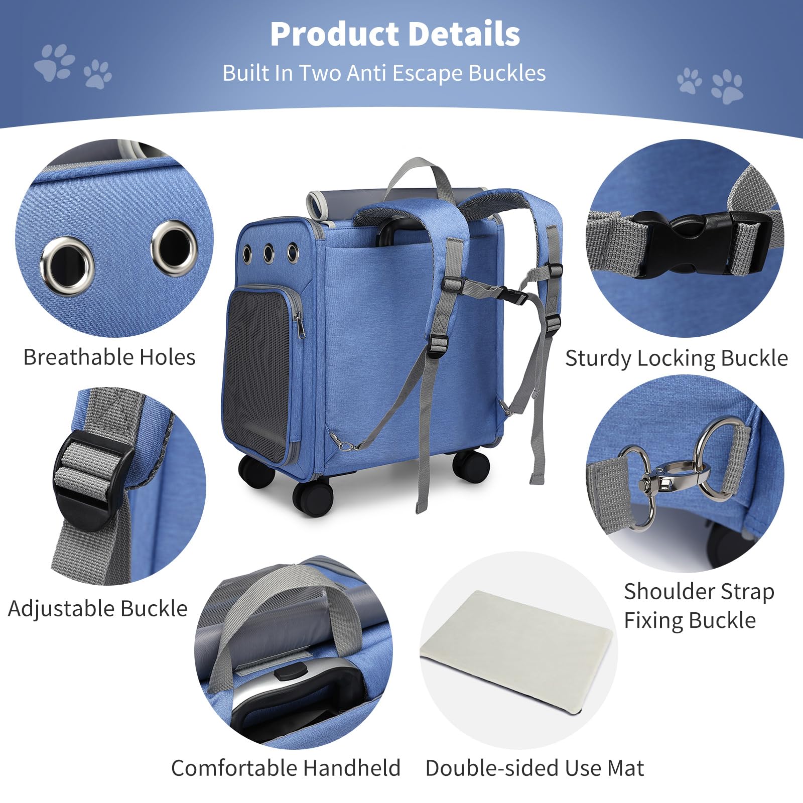 PETCUTE Katzenrucksack Hunderucksack mit Trolley 2 in 1 bis 11 kg,Faltbarer Hundetrolley mit 4 Rädern,Herausnehmbarer Matte,Multifunktionaler,Atmungsaktive Haustier-Reisetrage für Katzen und Welpen