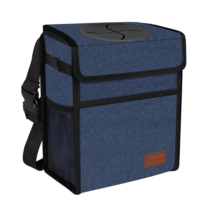Lixeira automotiva dobrável Femuar à prova de vazamentos com tampa, bolsos e alça ajustável, azul-escuro, 8,5 L