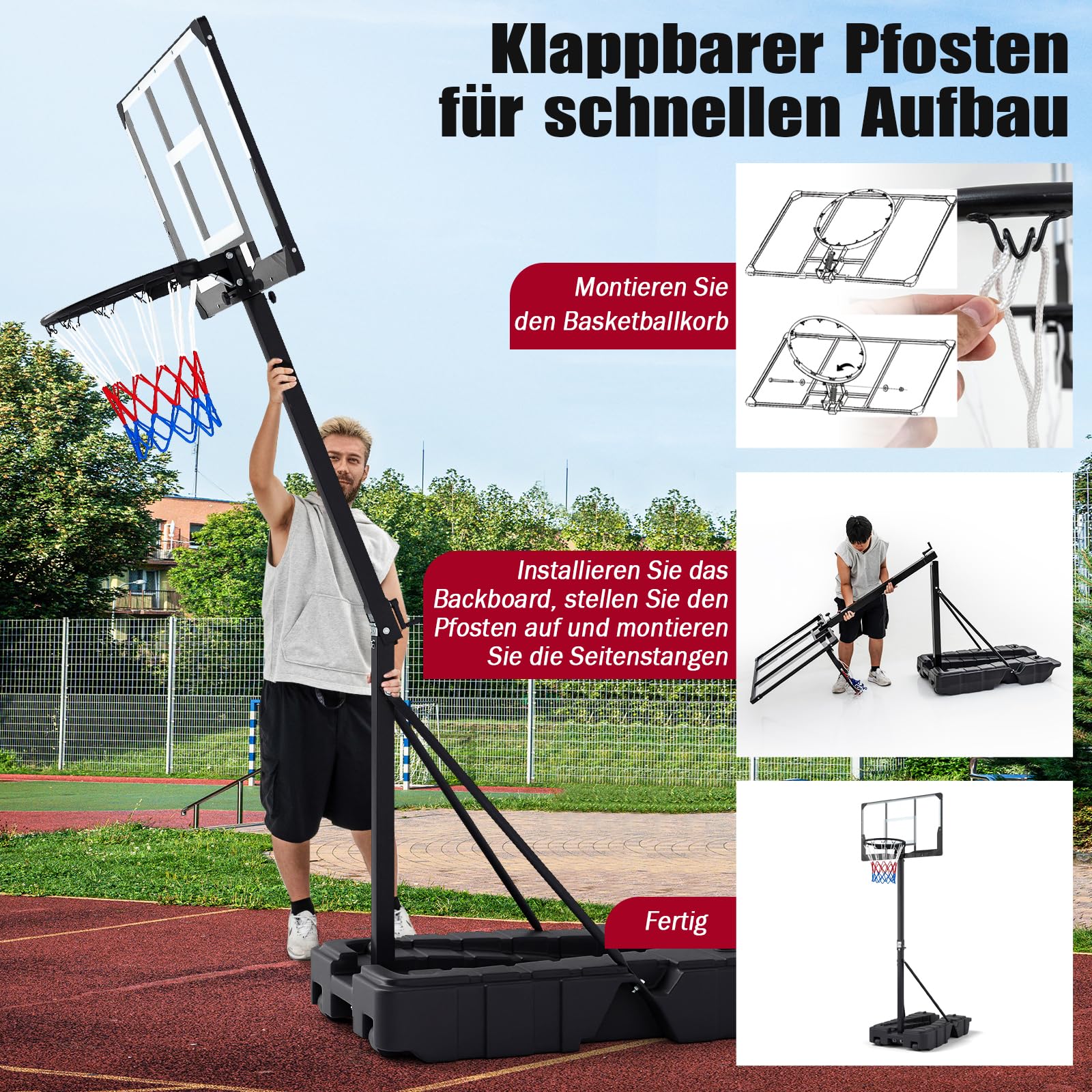 COSTWAY Basketballkorb Outdoor, 130-305cm höhenverstellbar, mobiles Korbsystem mit Ballaufbewahrung