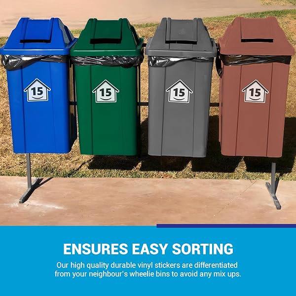 4 x Bin Numbers for Wheelie Bins, 1-99, 15cm ‘Happy House’ Design Dustbin Stickers, Easy Application Stick On Number Stickers - Weatherproof Self Adhesive Vinyl, Black (15) - 3