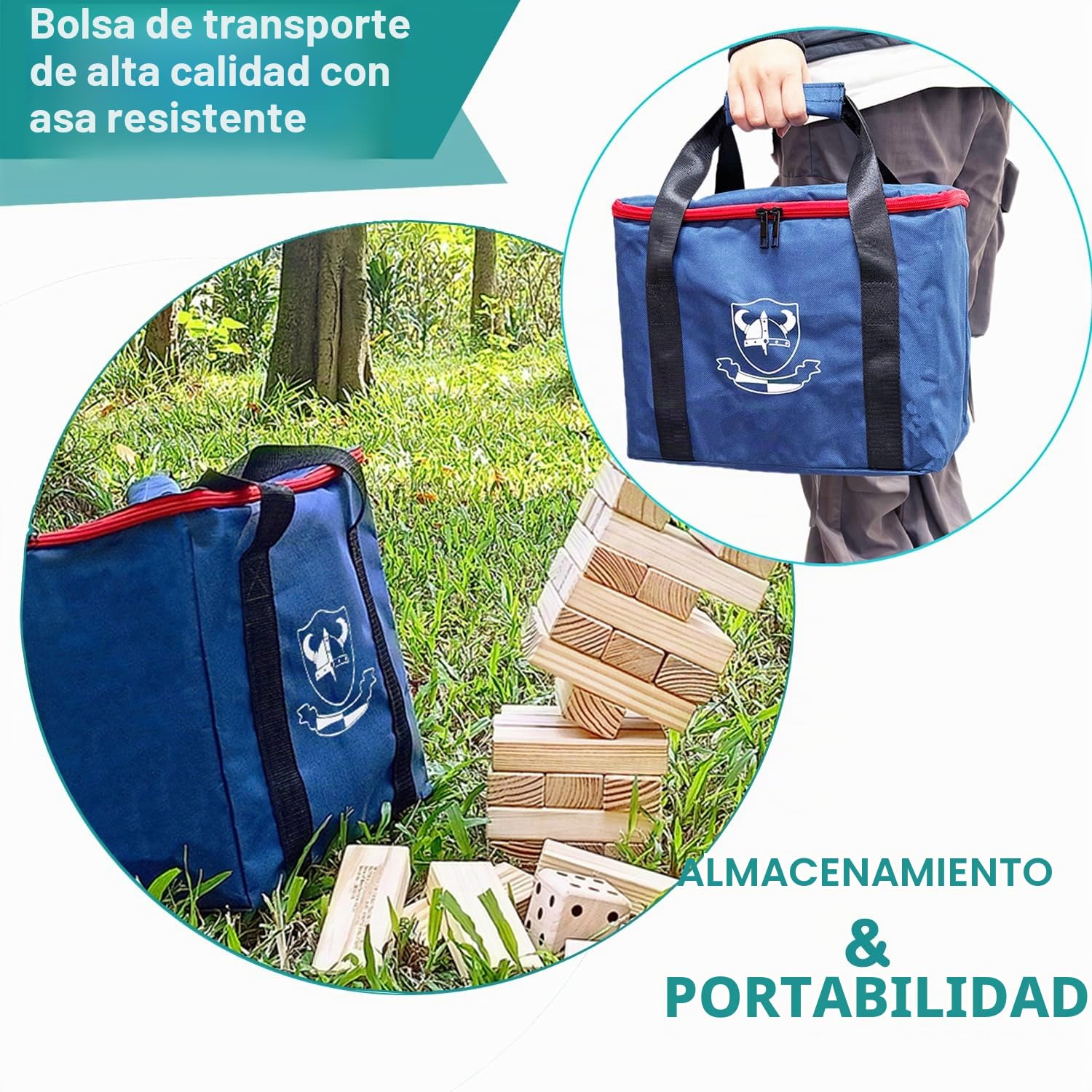 Juego de torre de madera jumbo con dados y bolsa de transporte, juegos clásicos de apilamiento, 54 bloques de construcción para interiores y exteriores (hasta más de 150 cm)
