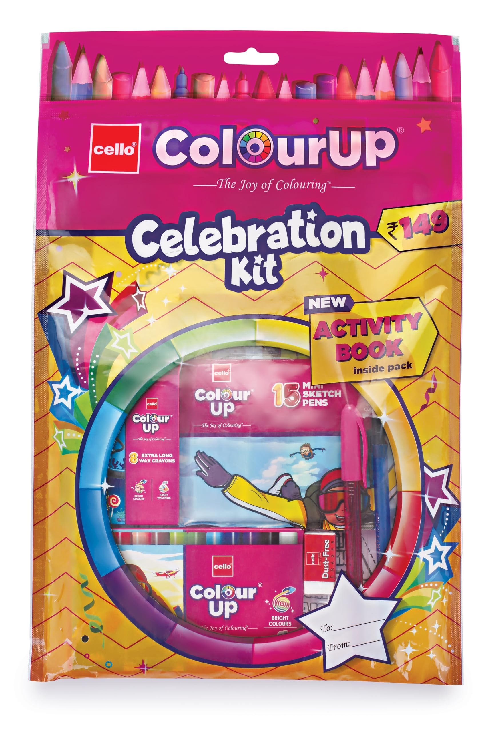 Cello ColourUp Celebration Kit Gift Pack |10 Wax Crayons Colour Set | 12 Oil Pastels | 15 Mini Sketch Pens | Kids Drawing Set | Drawing Colours Set | Free Activity Book