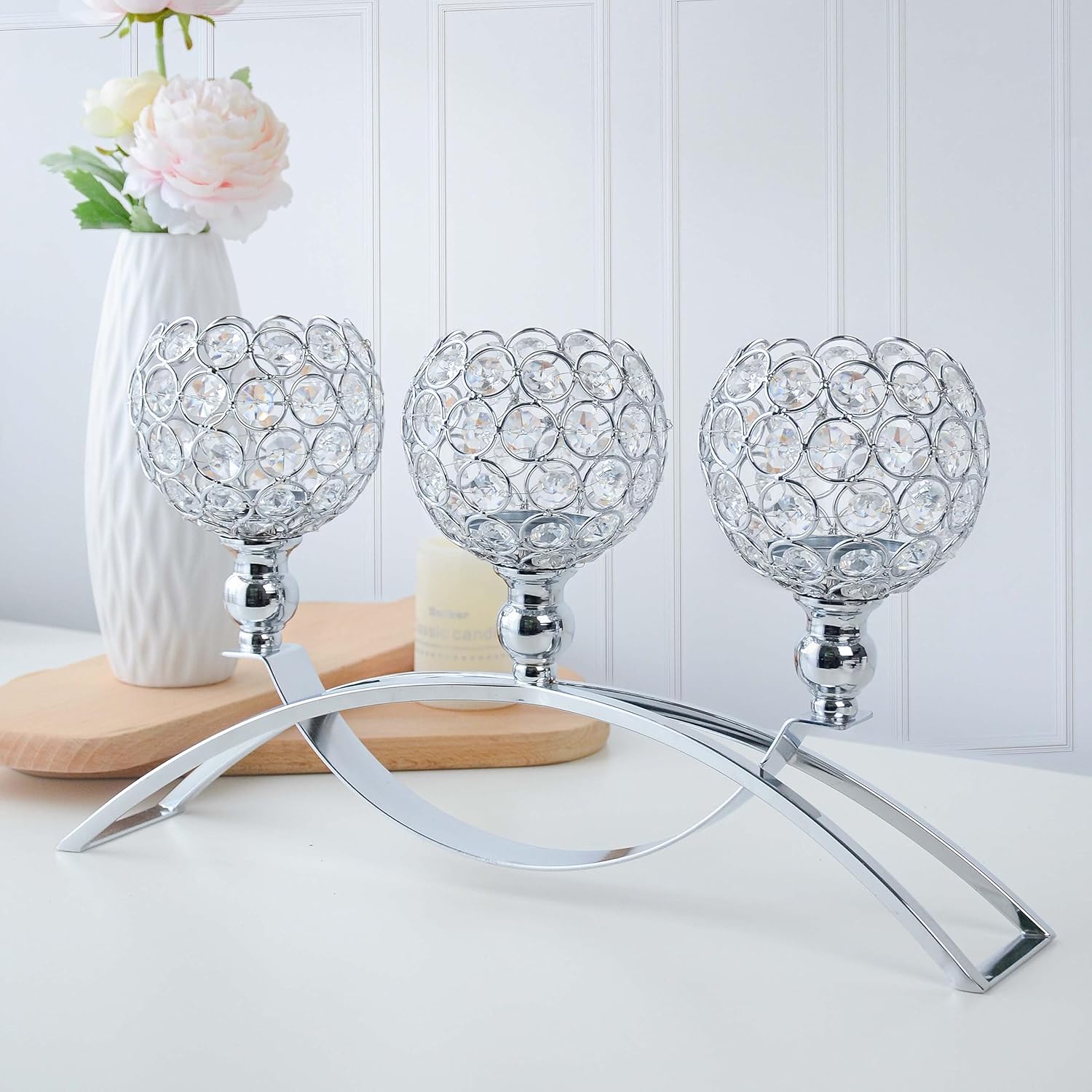 Crystal Candle Holders, Tealight Candlestick Candelabra Stand with 3 Arms,Candle Holder for Wedding Home Decor/Table Centerpiece Party Decoration (Gold)