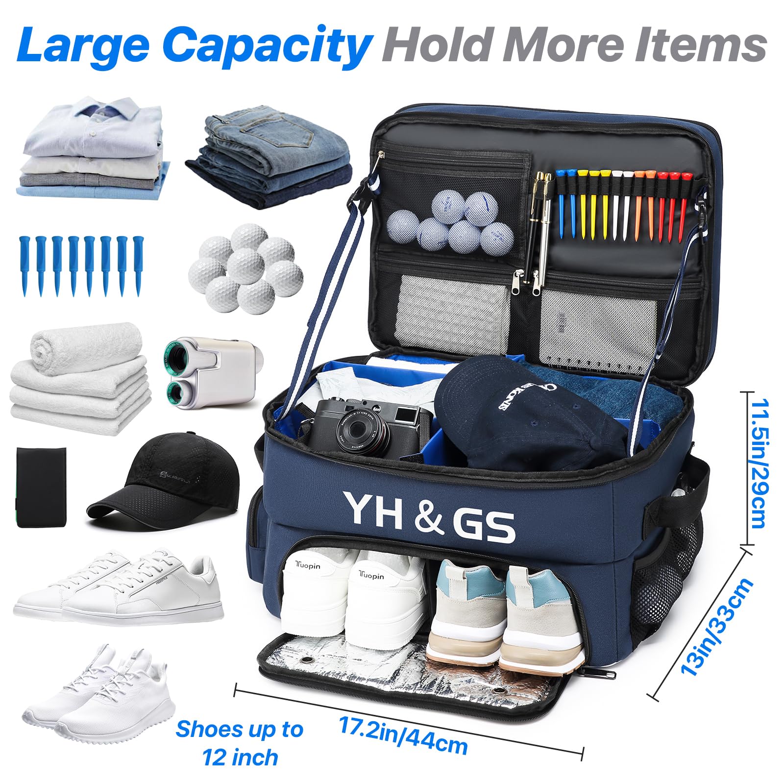 Golfkoffer-Organizer, 3-lagiges Golfzubehör für Herren, 2 Paar Schuhe, separates belüftetes Fach, Golf-Organizer für Auto, Bälle, Kleidung, Handschuhe, Zubehör, Golf-Geschenke, Blau