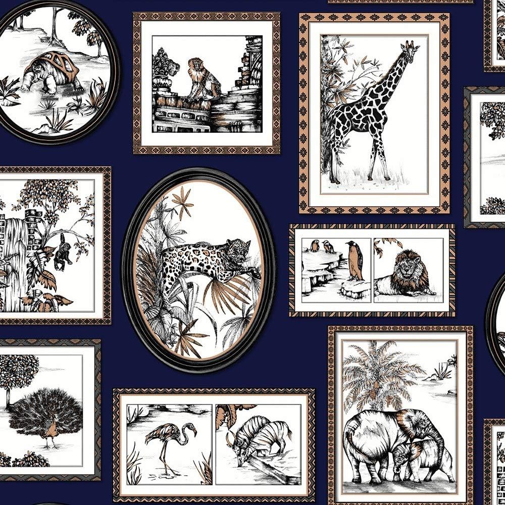 Holden Decor Glasshouse Safari Frames Navy Wallpaper 90072 - Wild Animals