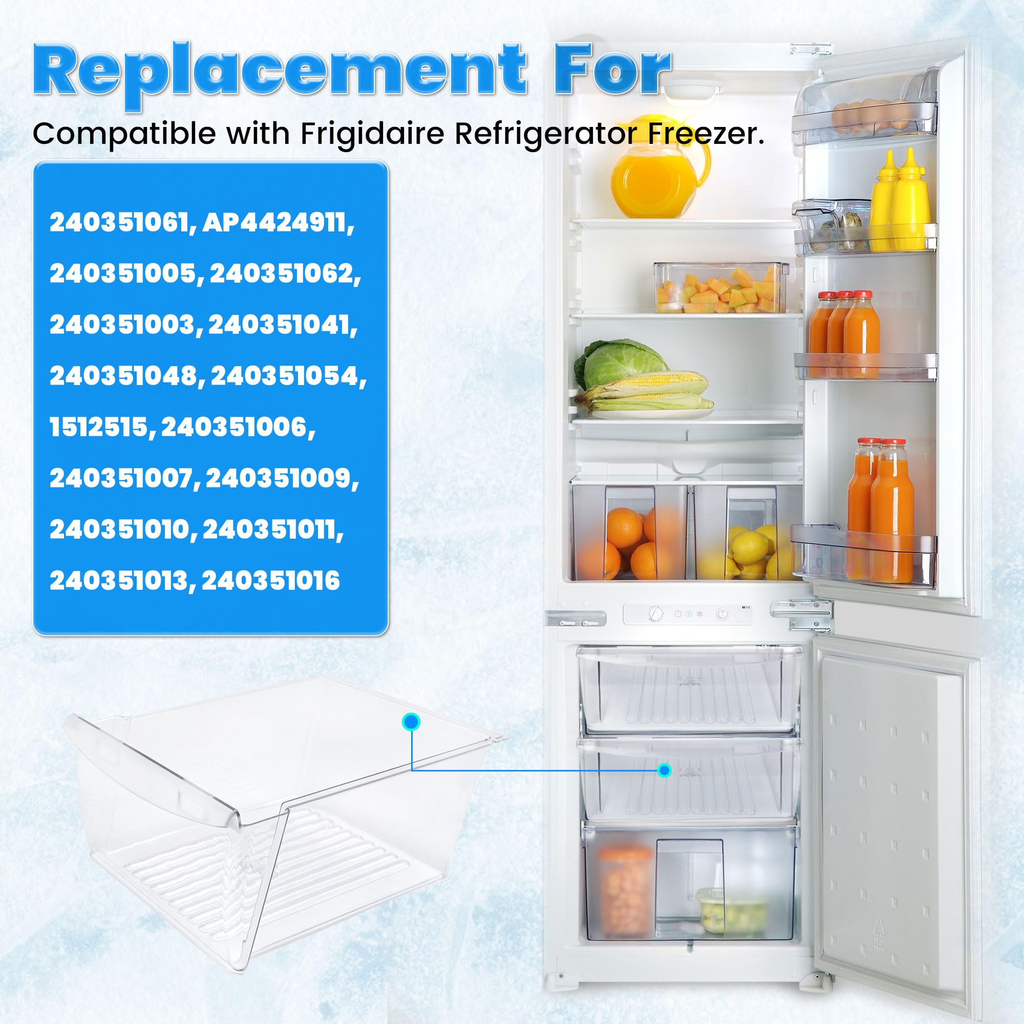KUAFU 240351061 - Cajón para sartén compatible con Frigidaire para refrigerador, congelador AP4424911 240351005 240351062, plástico (PC), solo repuesto transparente