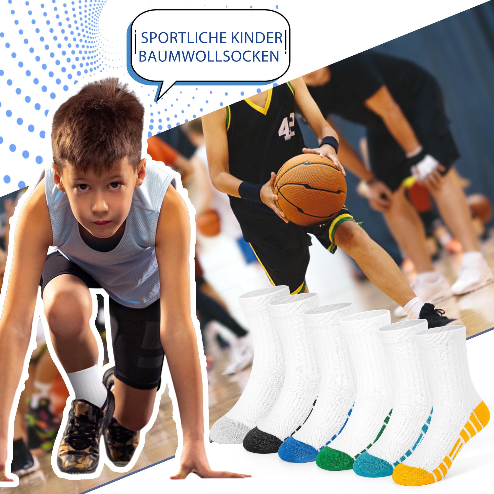GENBATY - 12 paia di calzini sportivi per bambini, in cotone atletico, per bambini, per camminare, sneakerTrainer corsa, basket, scuola, equipaggio, bianco, nero, calzini morbidi per ragazzi 1-14 anni