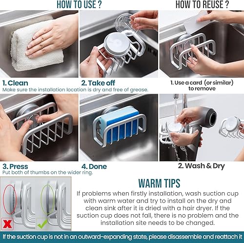 Miniatura 6 de TAILI Soporte para esponjas de fregadero de cocina con ventosa fuerte, organizador de fregadero de aluminio a prueba de óxido para esponjas, soporte