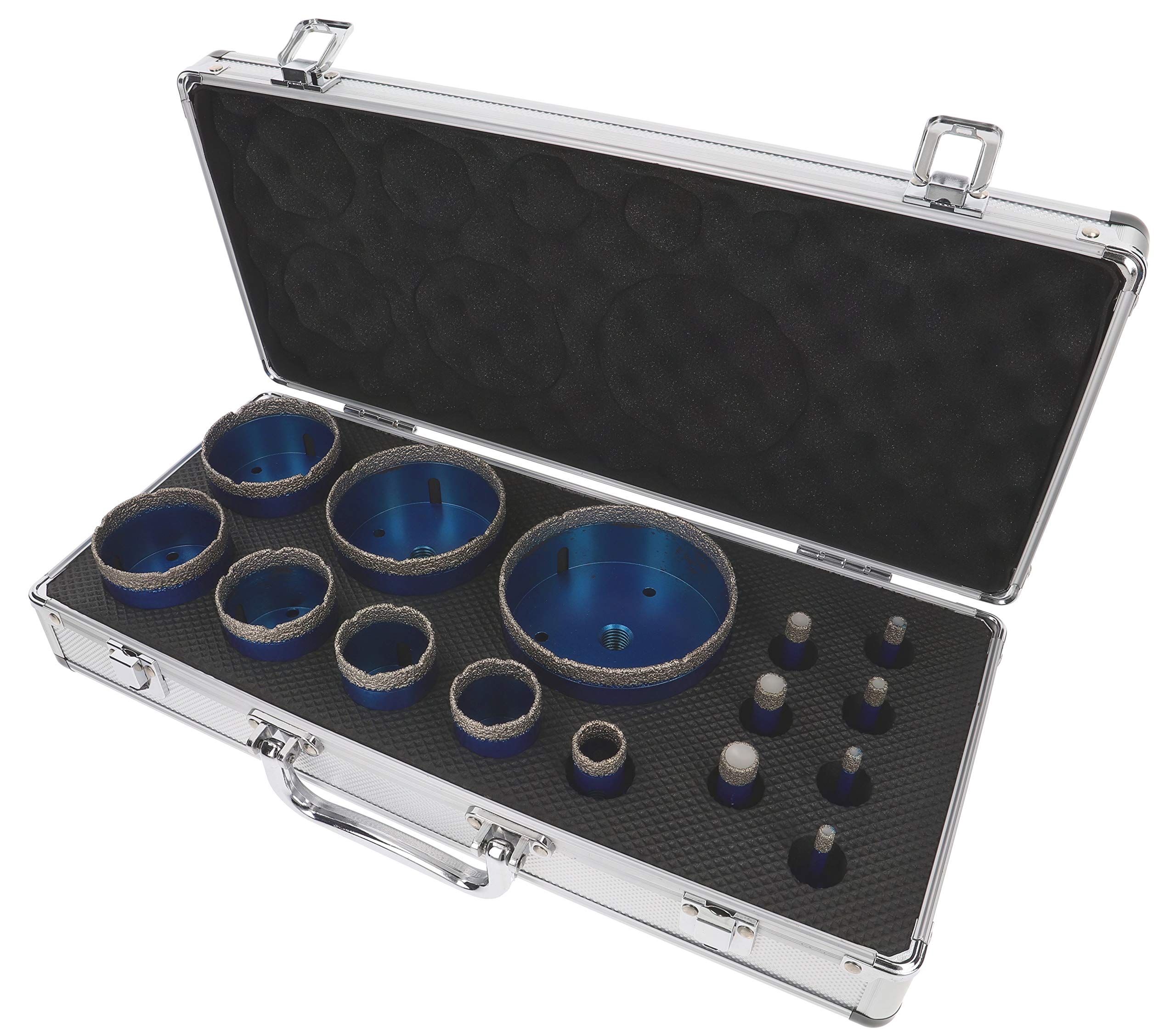 PRODIAMANT Zestaw wierteł diamentowych do płytek gresu suchego 15-częściowy 6 mm 8 mm 10 mm 12 mm 14 mm 20 mm 35 mm 40 mm 50 mm 60 mm 68 mm 82 mm 100 mm do szlifierek kątowych z walizką
