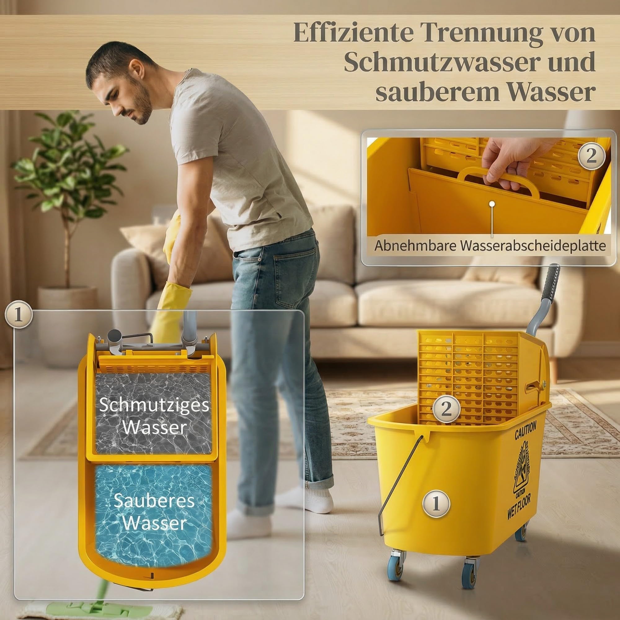 HOMCOM Reinigungswagen 20L mit Presse und Kehrgarnitur, Putzwagen Eimer mit Mopp und Rolle, Gelb
