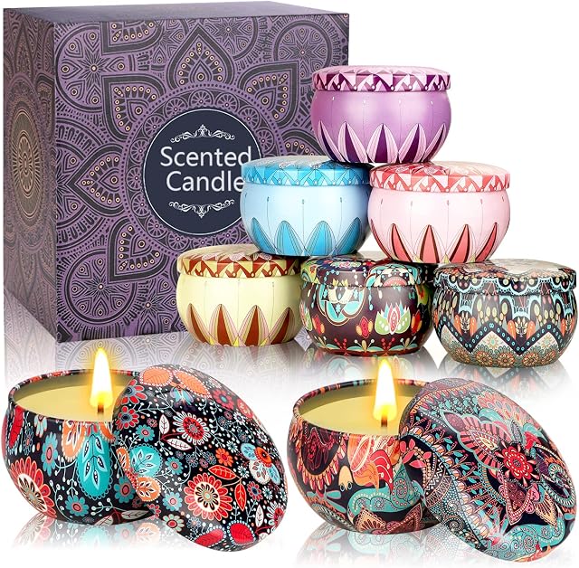Scented Candles Gift Set ,8Pcs 2.5OZ Natural Soy Wax Long Lasting Portable Travel Tin Aromatherapy Candles Stress Relief Birthday Gifts for Women, Mum Christmas Gifts