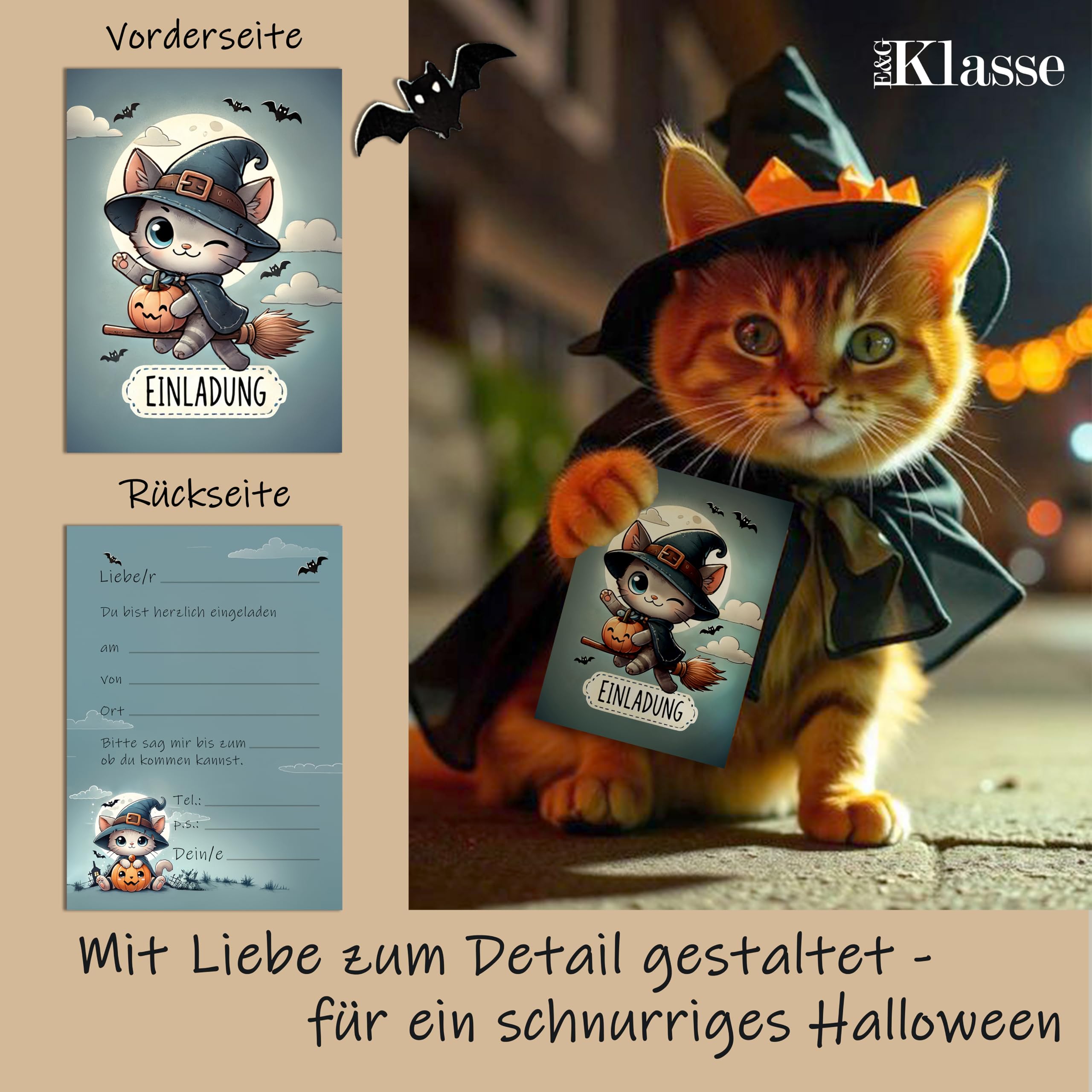 10 Halloween Cards Invitation Cards Magical Witch Cat Invitation Card Cat for Boys Girls Children Party Motif Halloween Party Scary Party Cute Cats Witch Set - Image 2