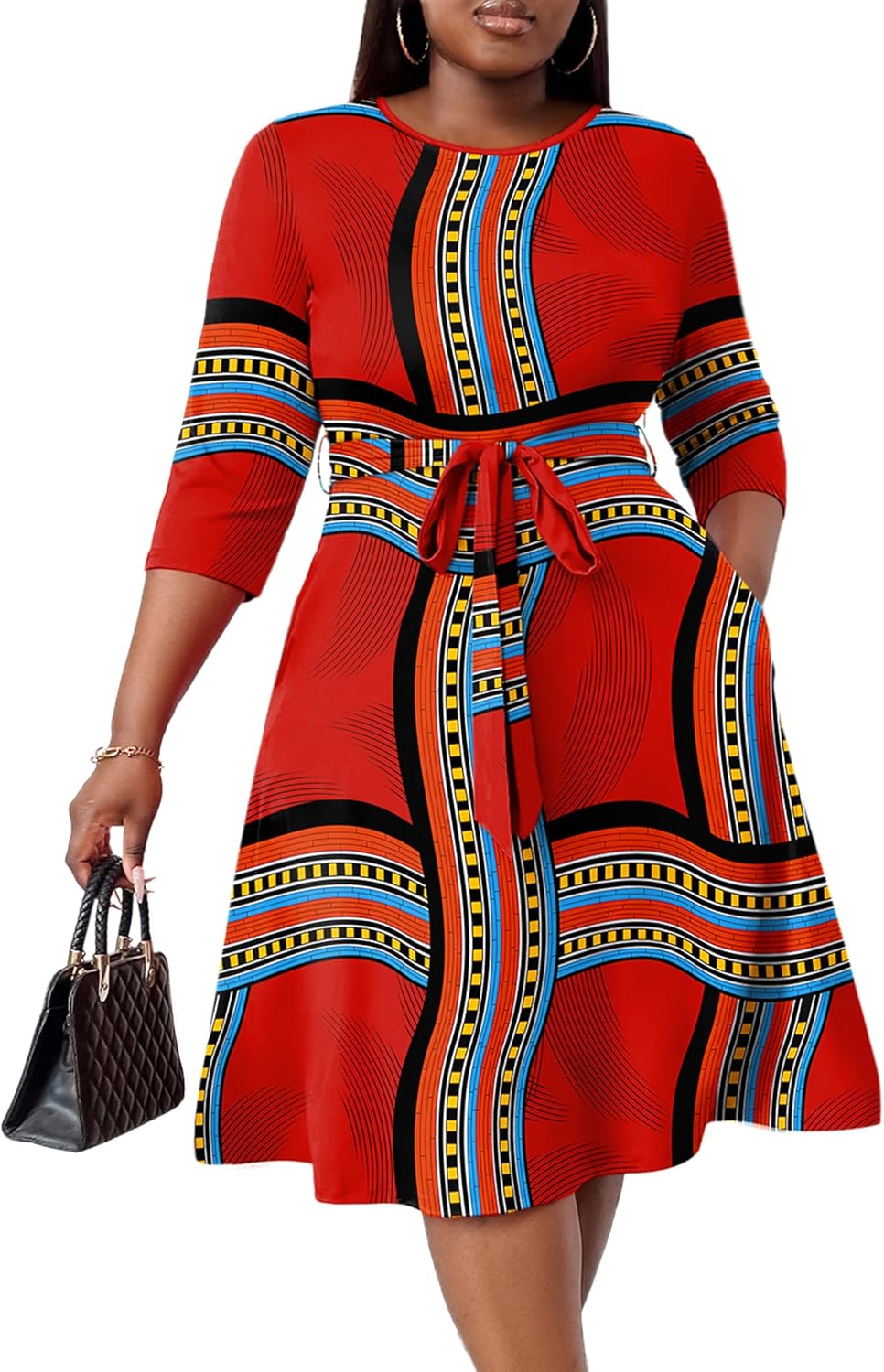 FANDEE Plus Size Midi Dress for Women - Printing Summer Dresses Casual 3/4 Sleeves Round Neck, Pockets and Belt(XL-5XL) - Image 7