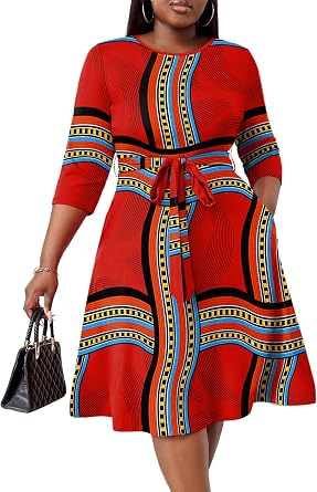 FANDEE Plus Size Midi Dress for Women - Printing Summer Dresses Casual 3/4 Sleeves Round Neck, Pockets and BeltXL-5XL