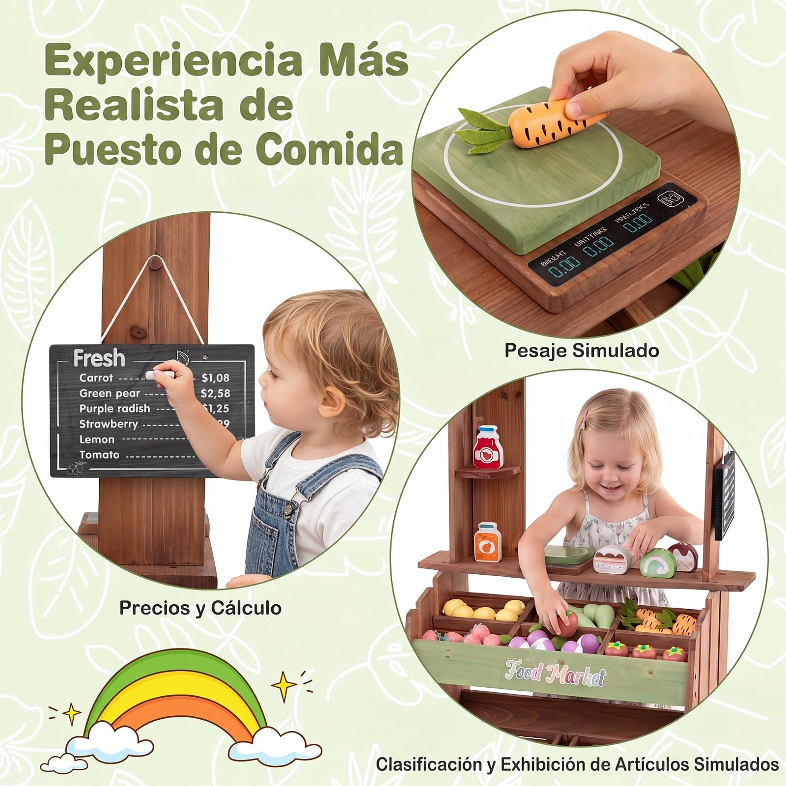 COSTWAY Tienda de Comestibles de Juguete para Niños, Supermercado Infantil | Madera de Abeto, con Toldo, Pizarra y Varios Accesorios, Soporte Puesto de Mercado Infantil para Interior Exterior 3+ Años