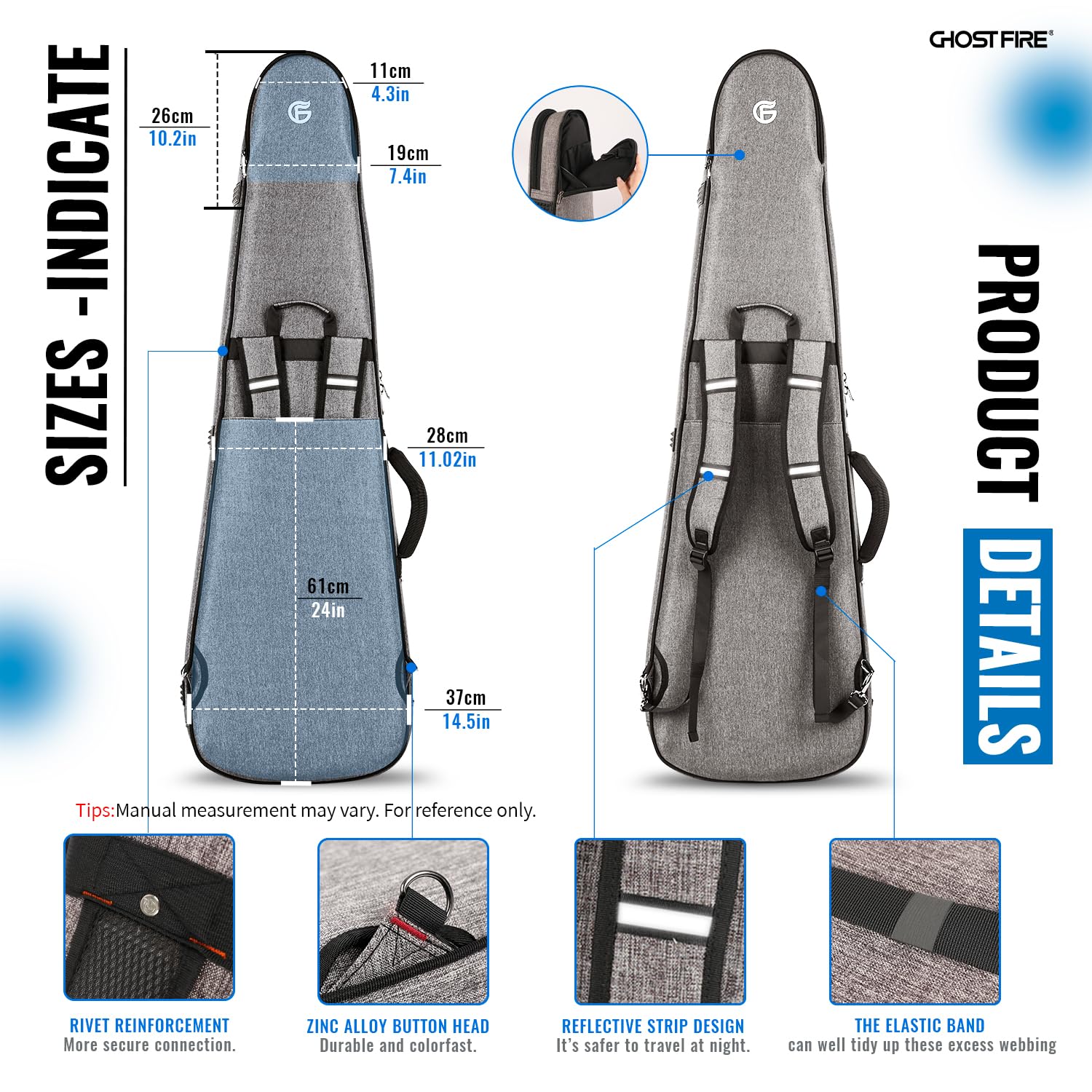GHOSTFIRE Super dicke High-End Bass Gigbag für Precision/Jazz Bass, Grau | Gepolsterte Tasche für E-Bass, für Präzisions-/Jazz-Bass, wasserdichte Bass-Tasche mit Erweiterungstasche