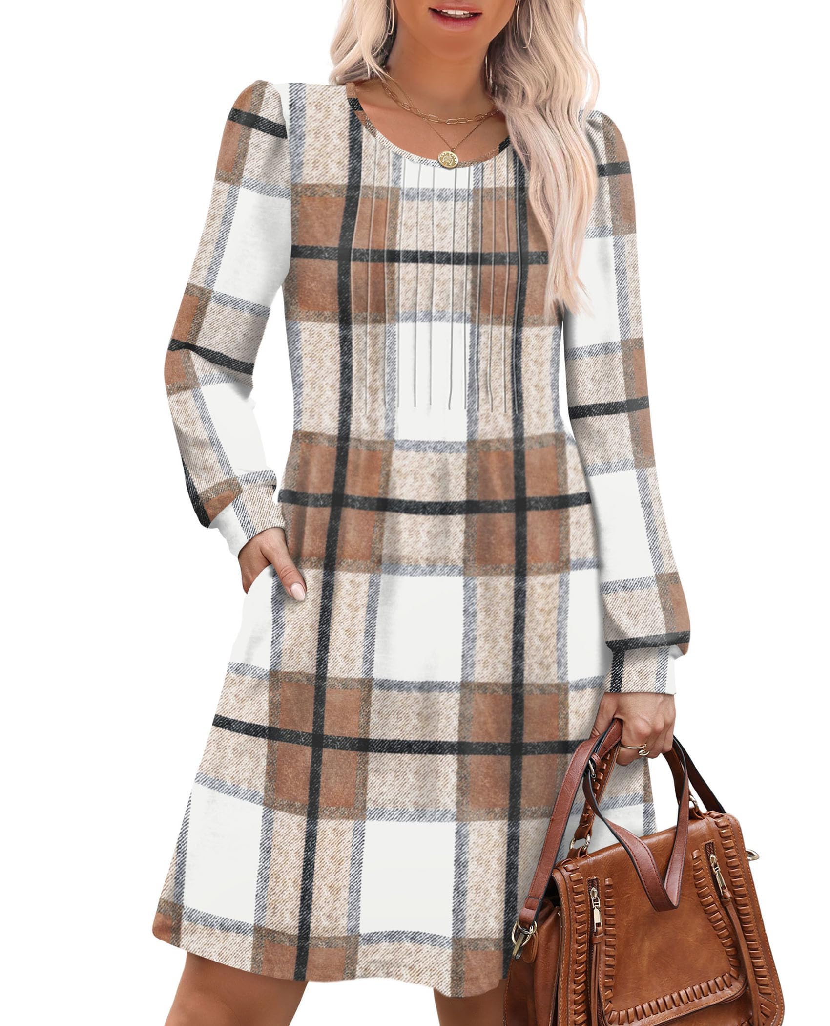 OFEEFAN Long Sleeve Dress for Women Pleated Crew Neck Casual Babydoll Sweater Dress with Pockets Fall Outfits Fashion