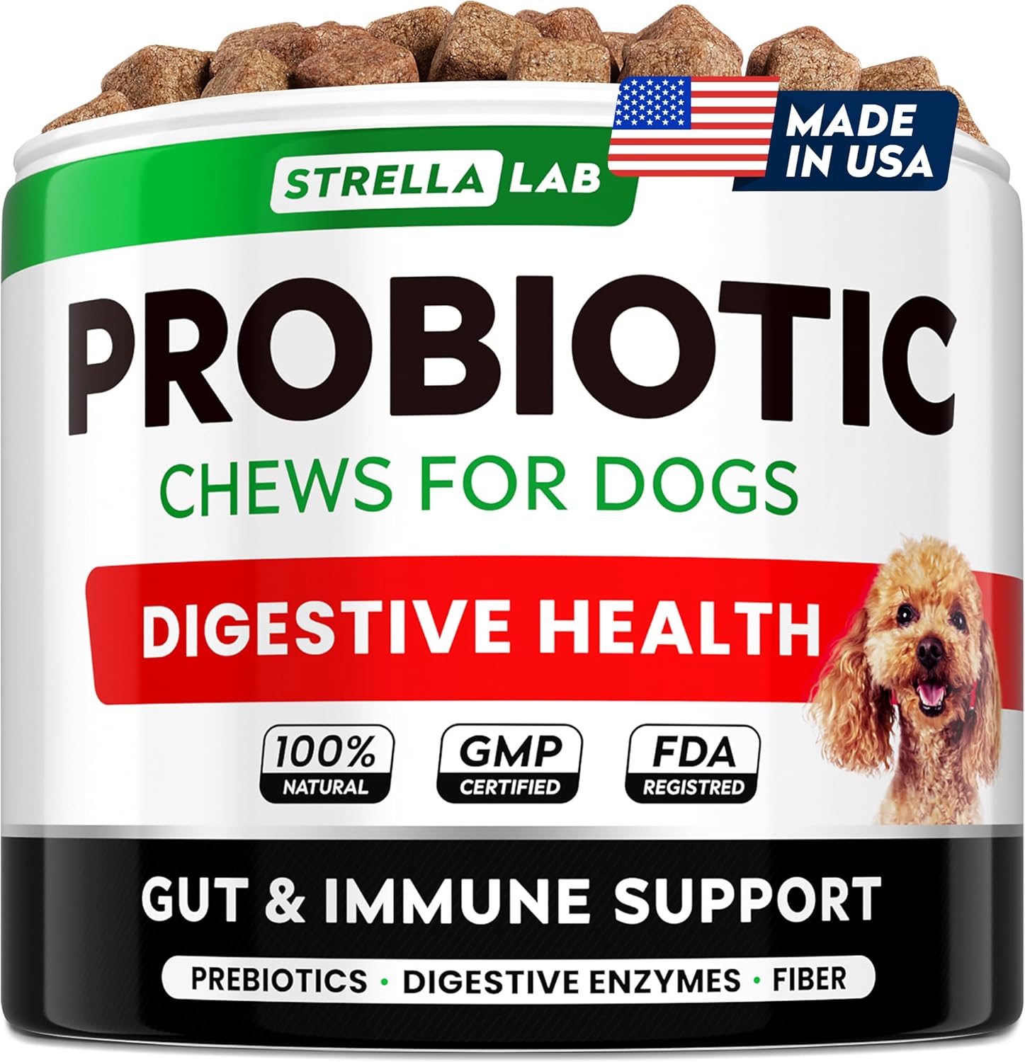 STRELLALAB Dog Probiotics Chews for Digestive Health & Gut Support with Yeast and Enzymes - Anti Gas, Diarrhea and Upset Stomach Immune Supplement - Digestion Treats with Fiber (120Ct, Chicken) 120Ct (Chicken) Probiotic Chews - Image 1 of 9