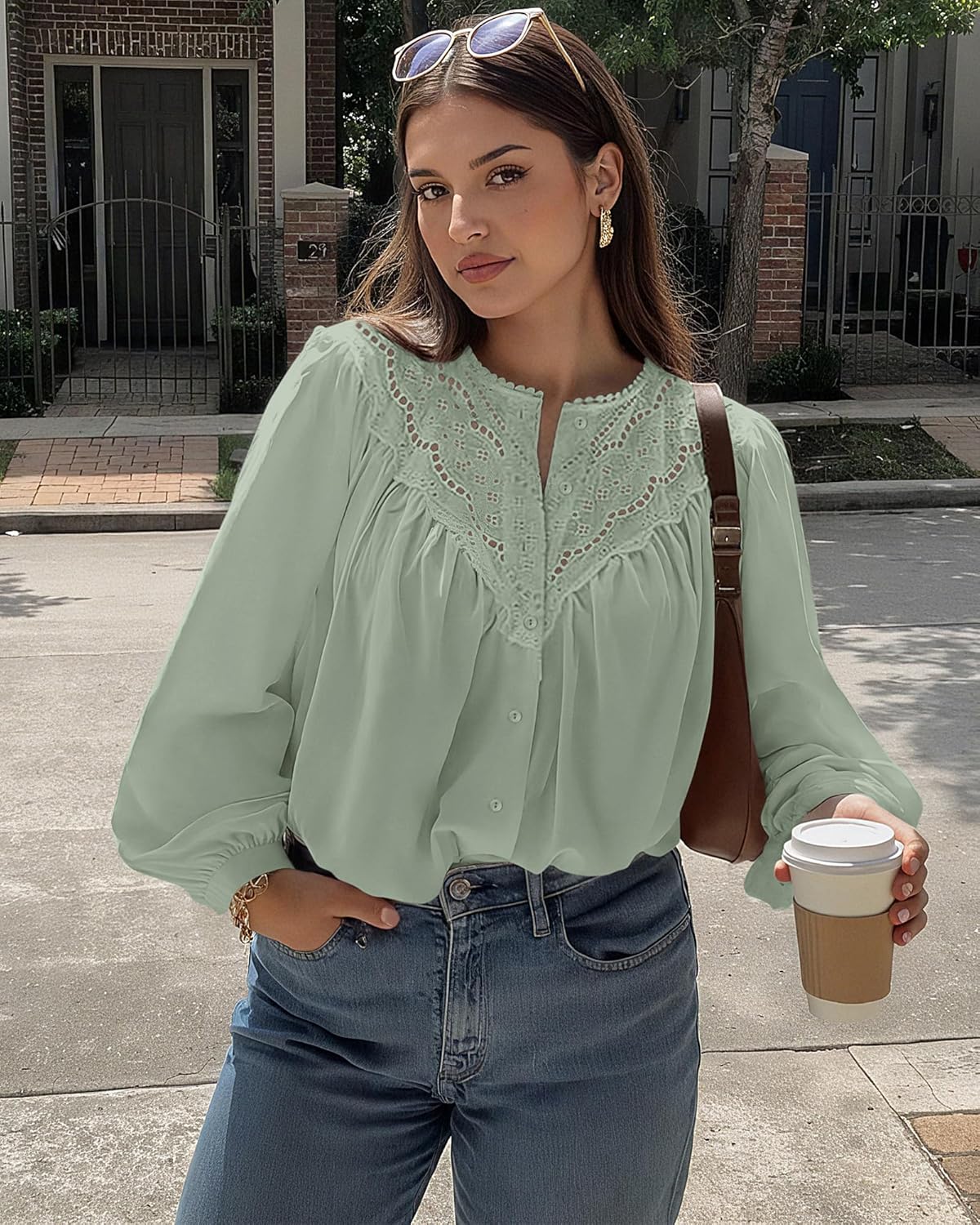 BTFBM Blouses for Women Dressy Casual Fall Clothes 2025 Lace Long Sleeve Tops Lightweight Spring Button Down Shirts - Image 3