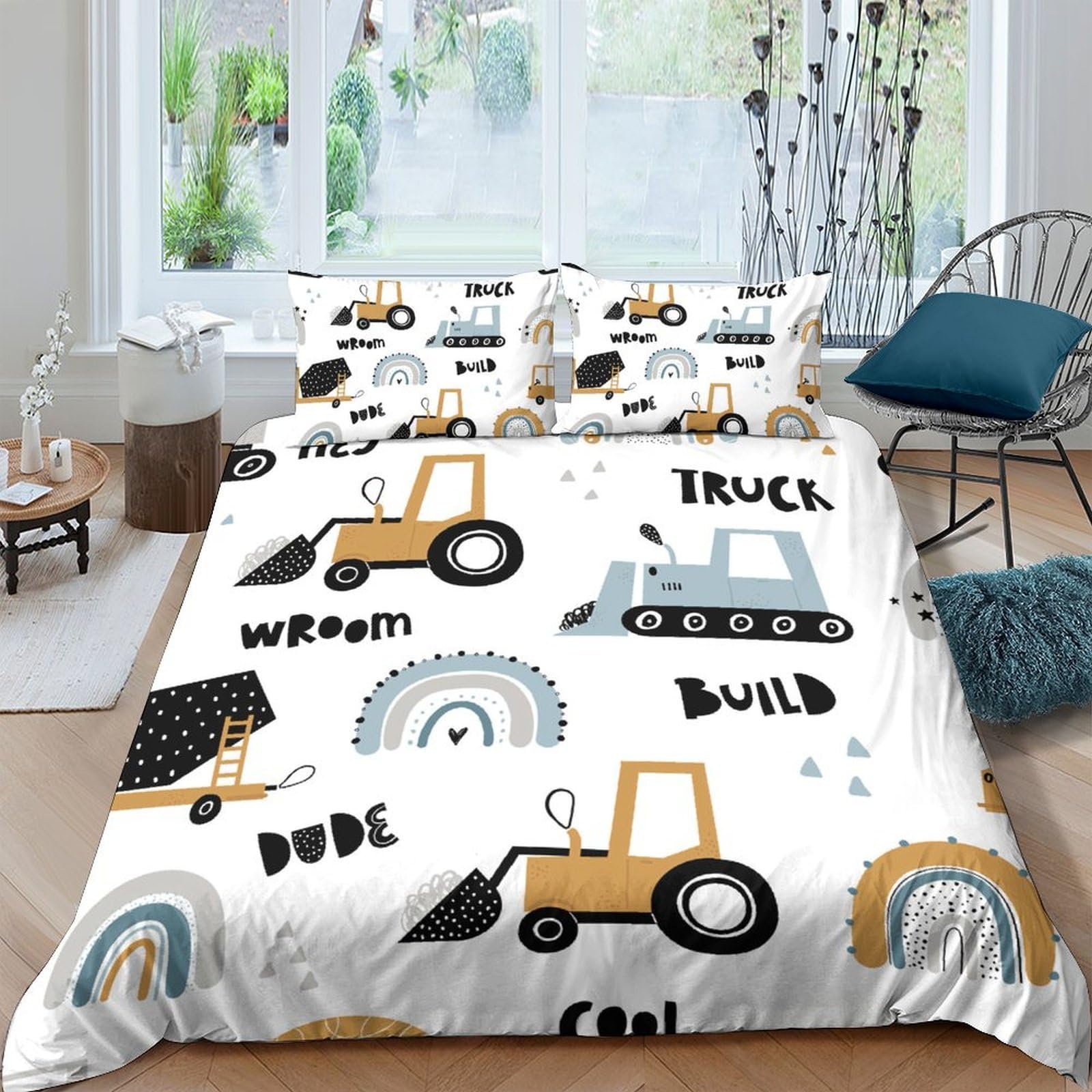 Ctjqhvkz Style-6 3D Printed Construction Vehicles Fitted Sheet Microfiber Anti-Slip Truck Bed Cover For Bedroom Guest Room Decor Single（135X200cm）