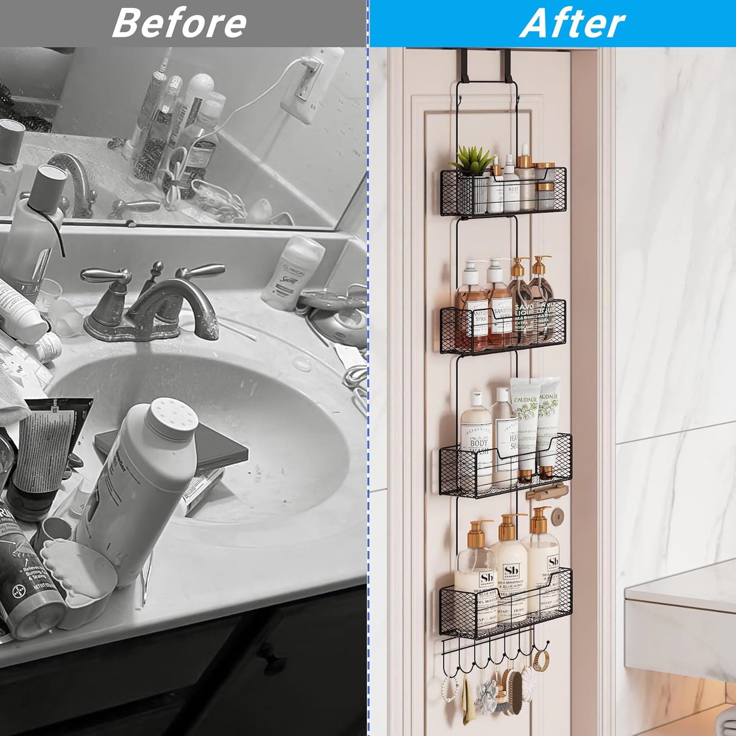 Over The Door Organizer Storage with 4 Metal Large Capacity Baskets,Door Organizer Hanging with Adjustable Hooks,Behind Door Storage Organizer for Bedroom Bathroom Kitchen Office Pantry Closet