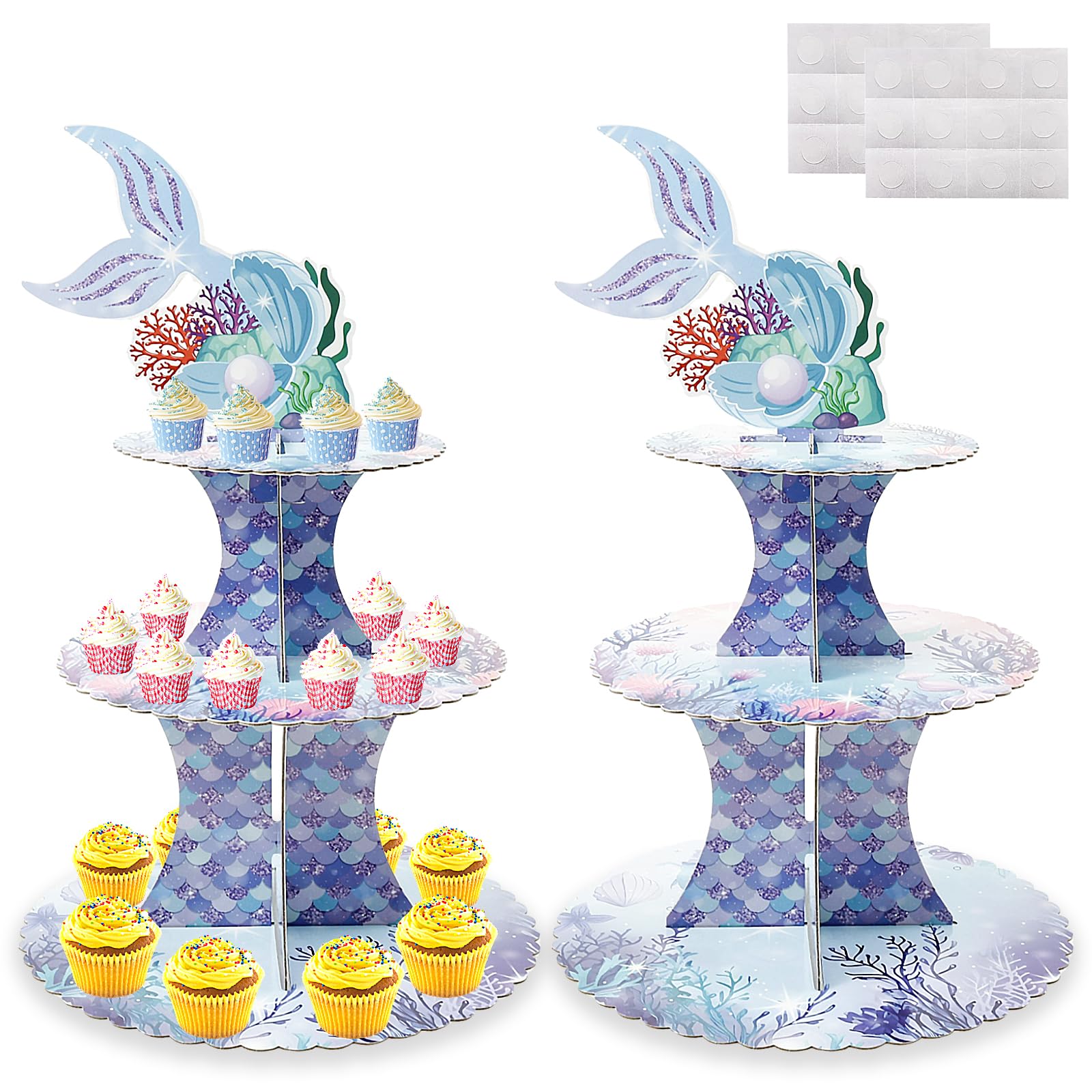 Ghshanog Style 2 2Pcs Mermaid Cupcake Stand,3 Tier Mermaid Cupcake Stand Tower,Cardboard Cupcakes Tier Stands Holder For Birthday Party Baby Shower Decoration,Party Supplies For Dessert Display(Style 2)