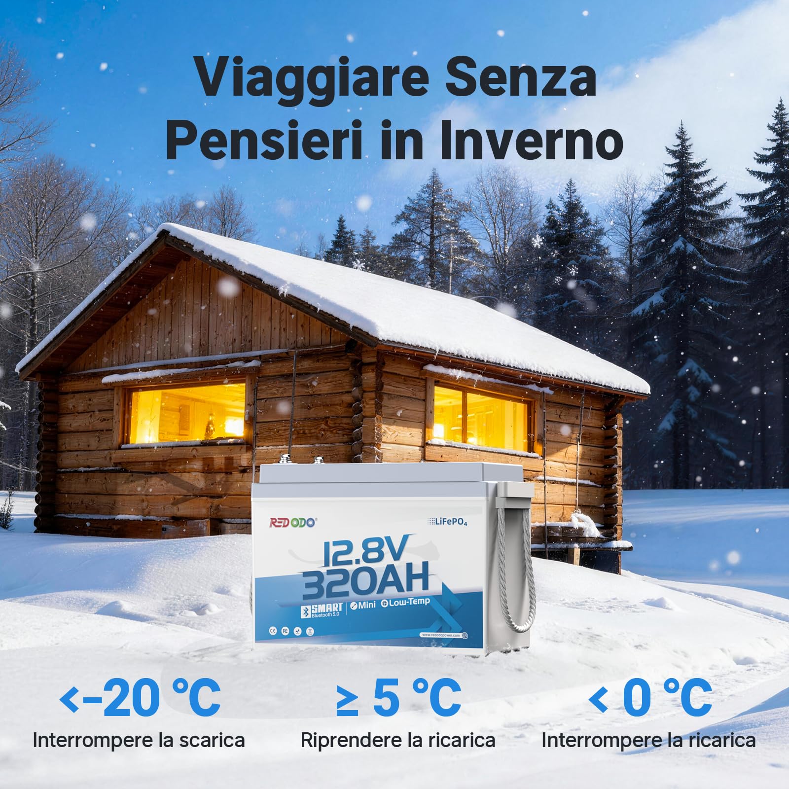 Redodo 12V 320Ah W190(1 PACK) Batteria LiFePO4 con Bluetooth 4096Wh Batteria Litio con BMS 200A Monitoraggio via APP per Camper/Barche/Cabine Off-Grid/Emergenze Domestiche