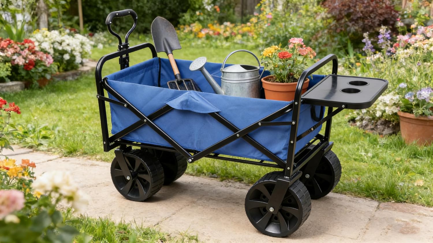 Portable Folding Wagon with Removable Canopy and Adjustable Handle for Beach Garden Shopping and Kids Activities