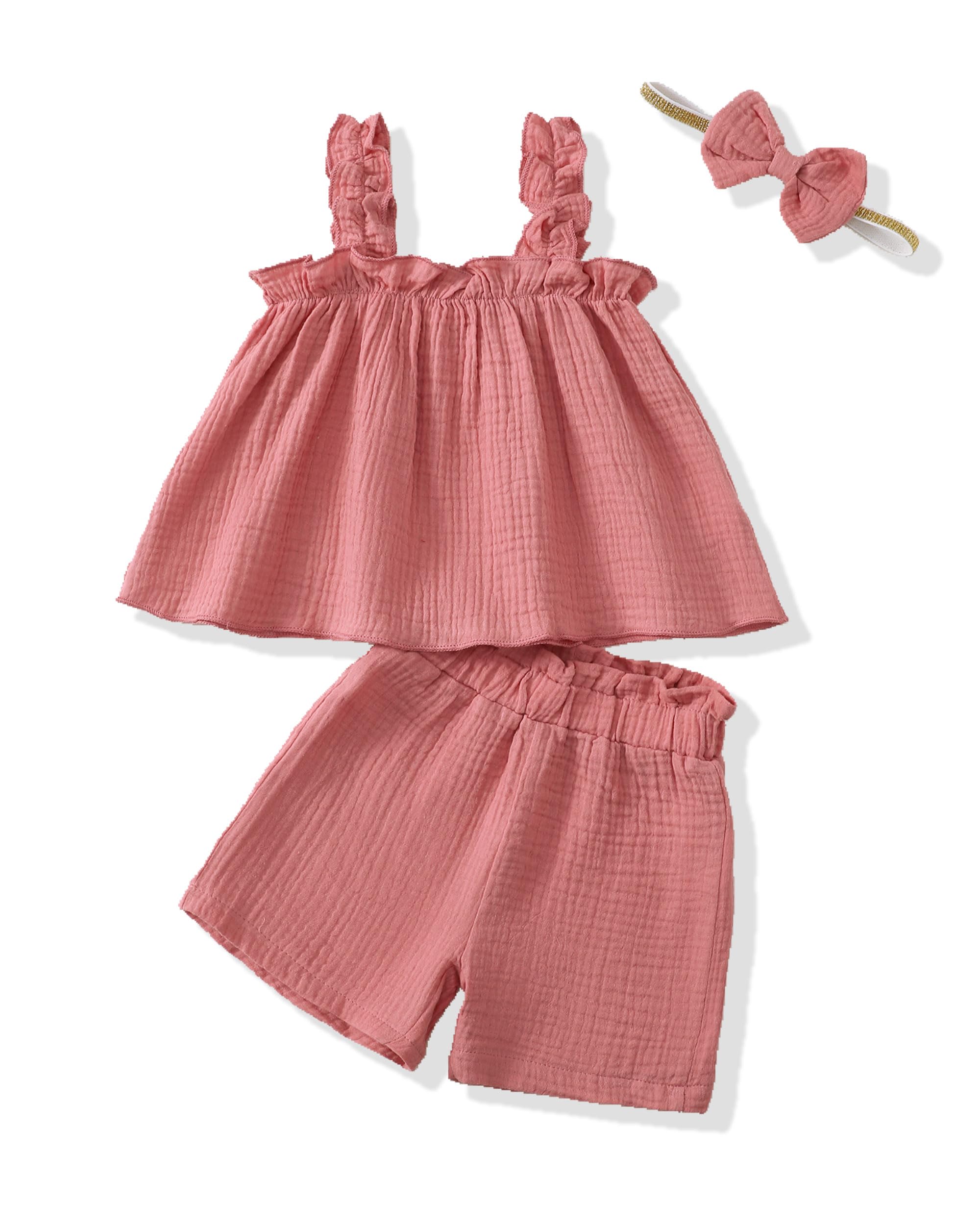 XUANHAO 3T Girls Clothes Summer Toddler Girl Outfits 2T Girls Clothes Casual Sleeveless Linen Shirts Pink Ruffle Hem Tank Tops Shorts Set +Headband Baby 2 3 Year Old Girl Clothing