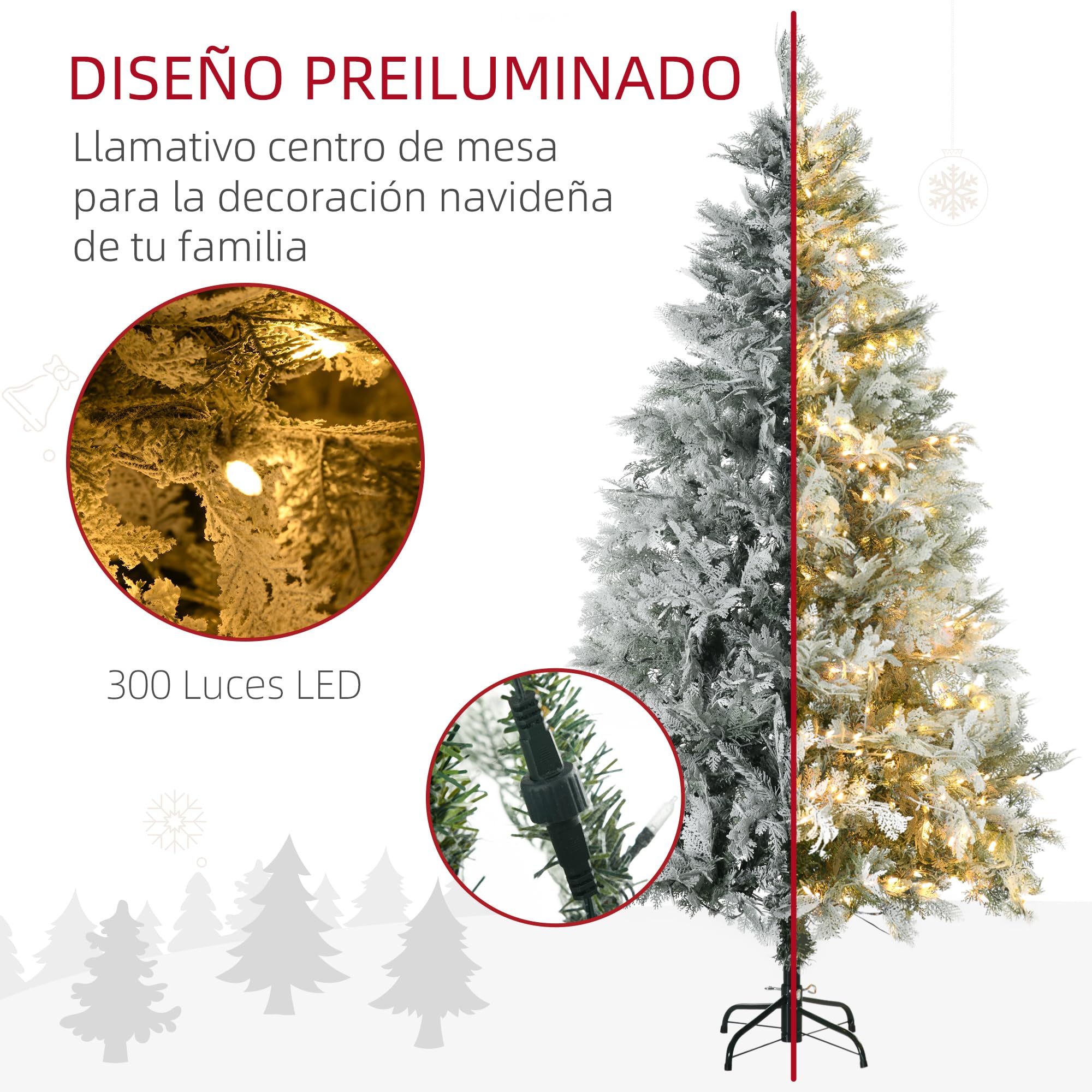 HOMCOM Árbol de Navidad Artificial 180 cm, 300 Luces LED Blancas Cálidas | Árbol de Navidad Nevado, 577 Ramas, Forma de Ciprés, Base Plegable, Decoración Navideña