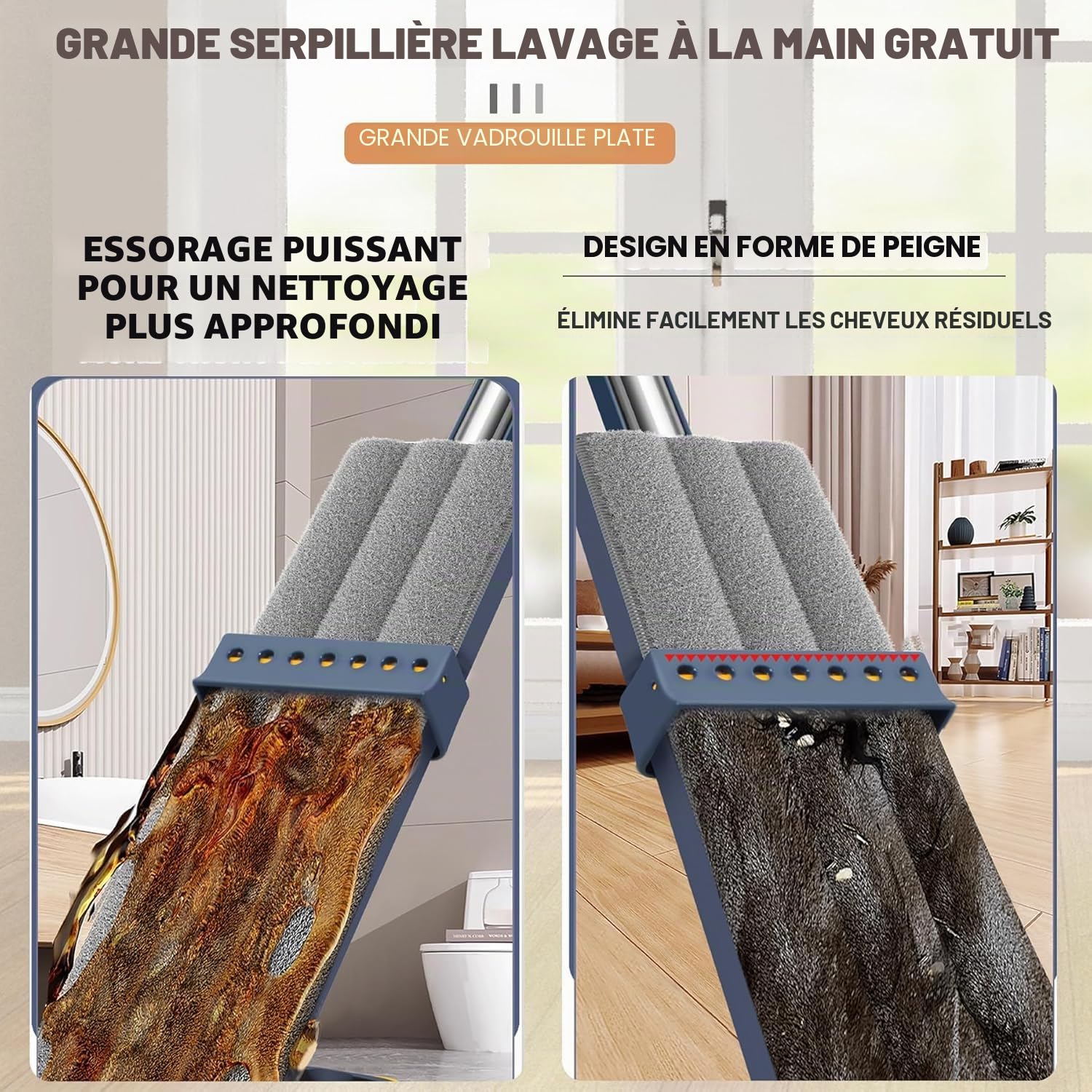Balai Serpillière Rotatif avec Technologie Essorage Intégré, 2026 Balai Serpillère, Tête Rotative 360°, sans Vous Salir, Nettoyage du Sol en Un Clic (Bleu,6 Tissus+Seau)