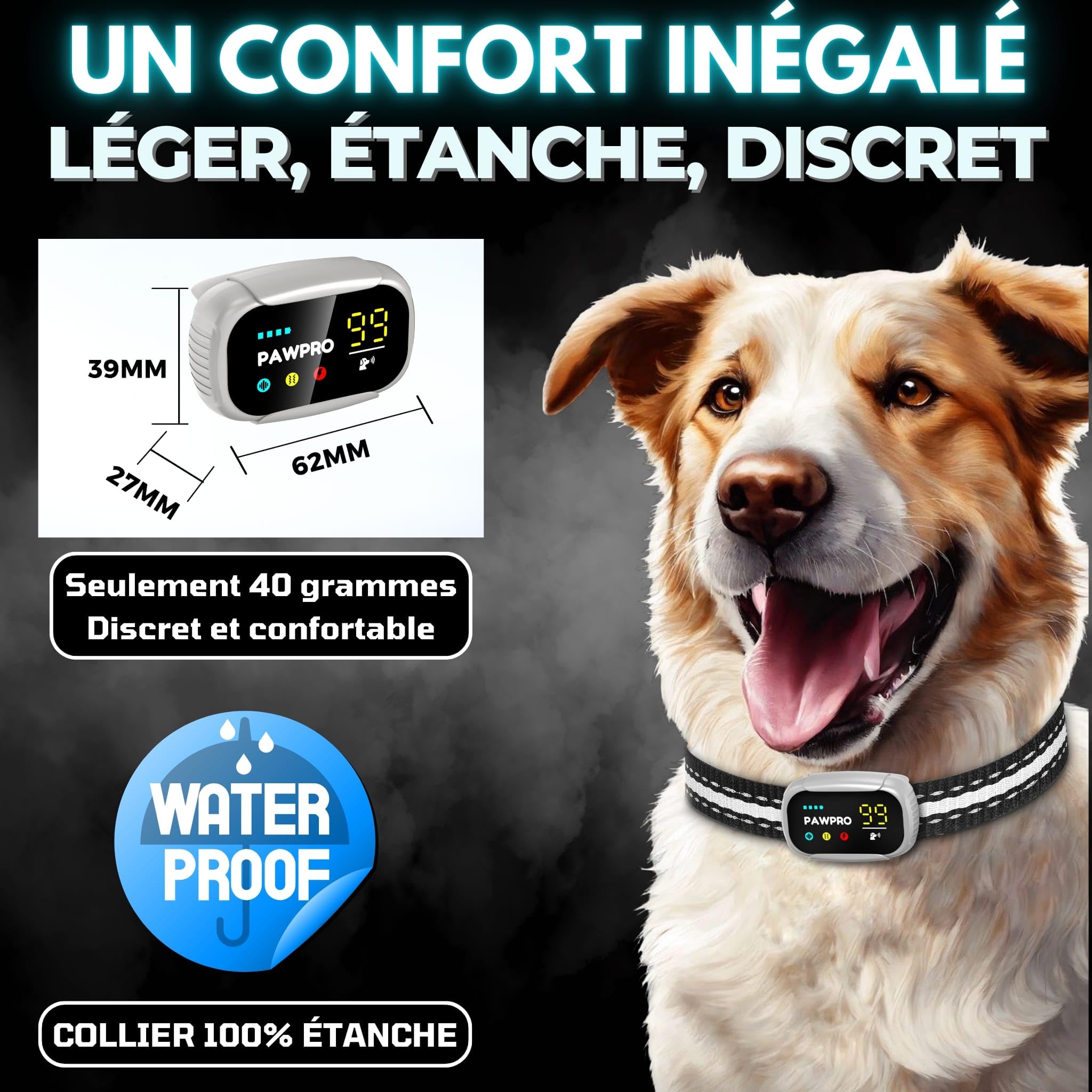 PAWPRO Collier Anti Aboiement pour Chiens, 4 Modes BIP Vibration Choc avec Suivi des Aboiements, Guide de Dressage Inclus, Automatique Rechargeable Étanche, Adapté à Tous Les Chiens, Marque Française