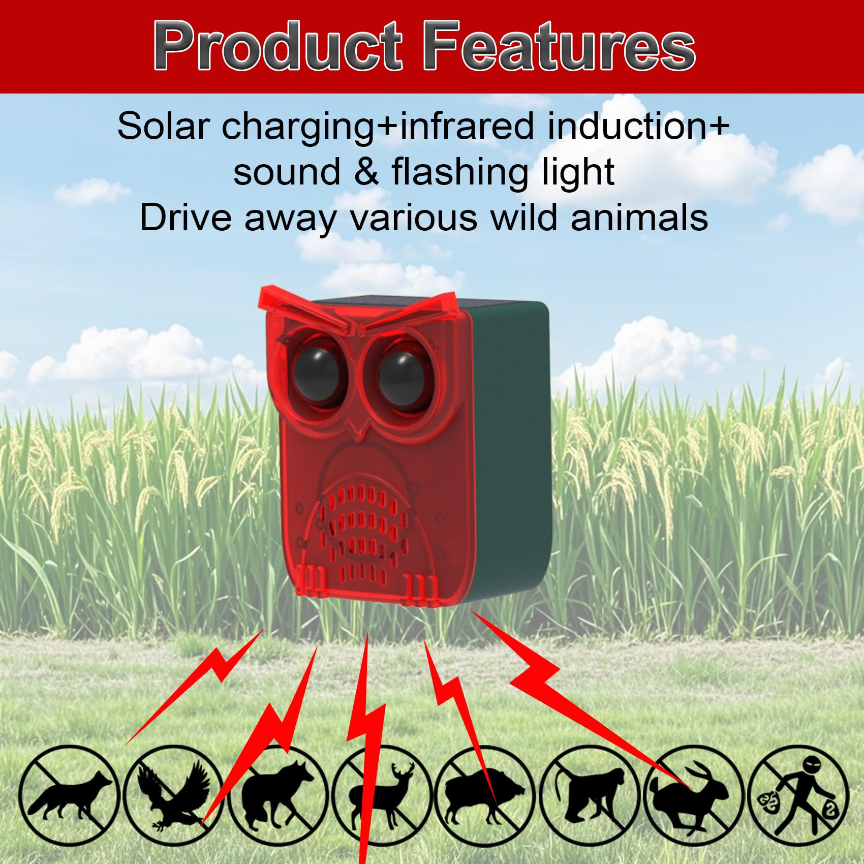 KINGCOO Lot de 2 détecteurs de mouvement solaires avec 13 sons, 129 dB, LED rouge, avertissement de sécurité, lumière stroboscopique, pour l'extérieur, allée, ferme, cour, orchard Scheun