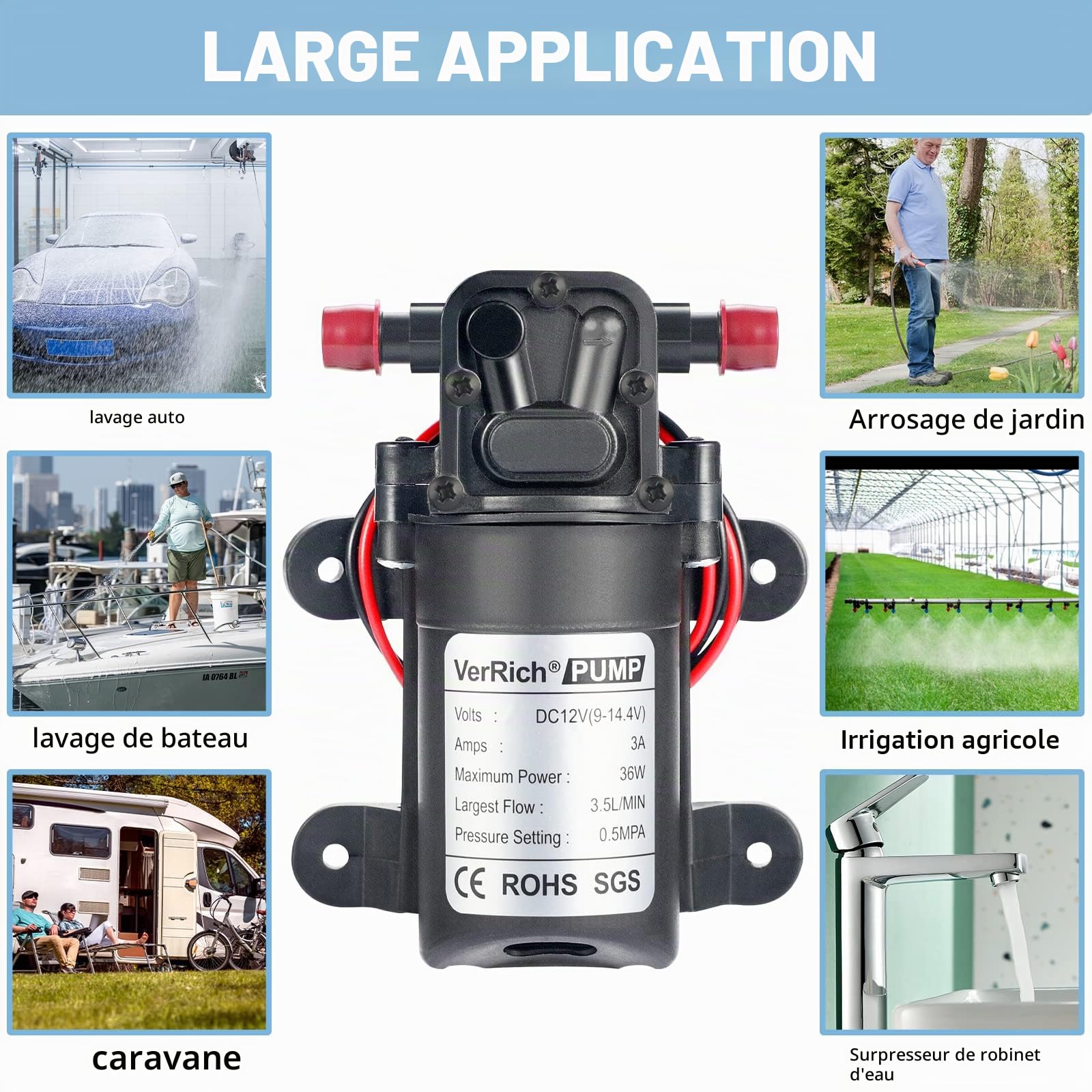 Pompe à membrane,VerRich Pompe de pulvérisateur à amorçage automatique de la pompe à eau CC 12 V 36W 3A à amorçage automatique 3,5 L/Min 0.77MPA 73 PSI