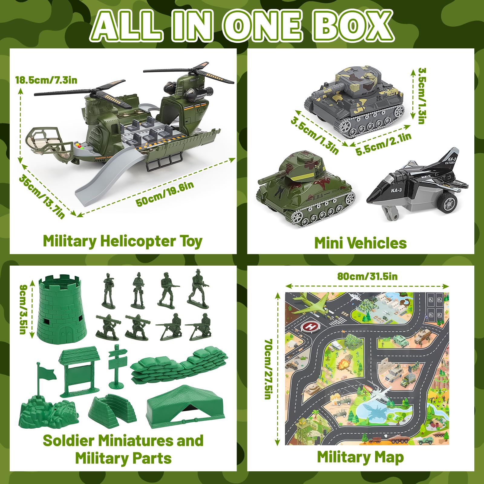 deAO Jeu de Jouets Hélicoptère Militaire Hélicoptère de Transport avec Son et lumière, Soldat Armée Hommes Figurines d'action, Jouets Armée Militaires Cadeaux d'anniversaire de Noël pour Enfant