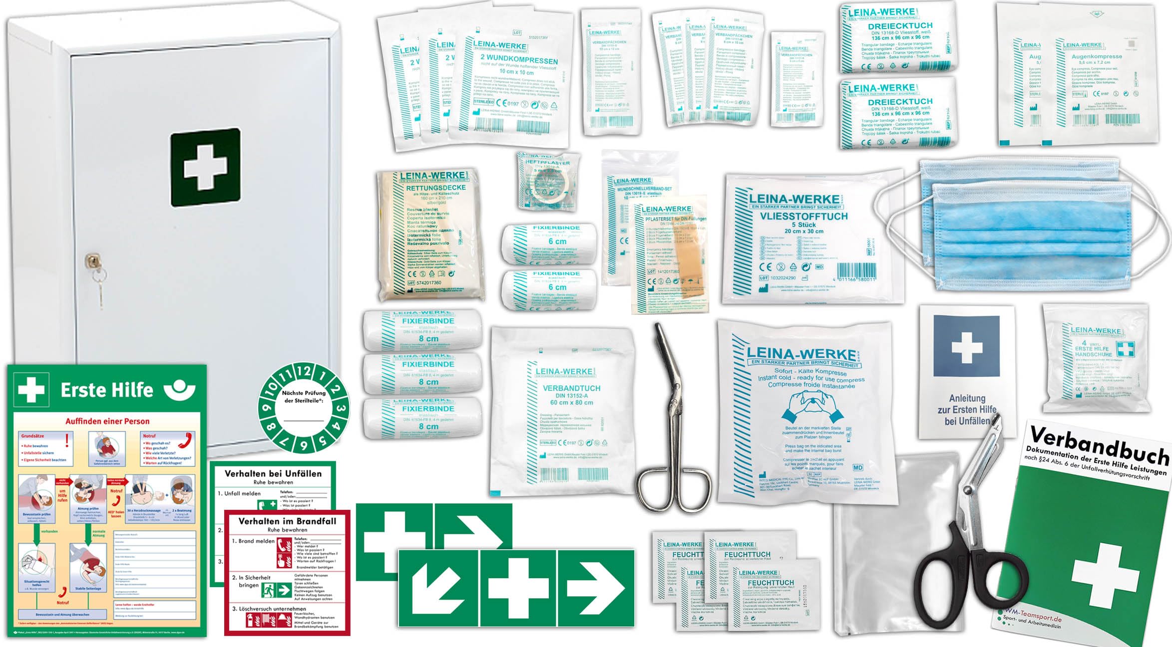 Erste Hilfe Schrank-Medizinschrank-Verbandschrank (400x200x580) -Komplettpaket- Füllung nach AKTUELLER DIN/EN 13157 (Betriebe) + viele Extras INKL. Verbandbuch + Aushang + Folienaufkleber